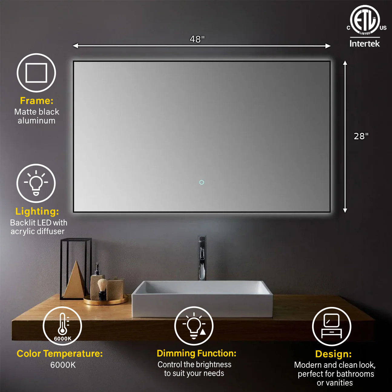 48" x 28" Premium LED Bathroom Mirror with Matte Black Aluminum Frame - Anti-Fog Smart Mirror with Adaptive Dimming Control, 6000K Cool White Lighting & Compact Illumination Design