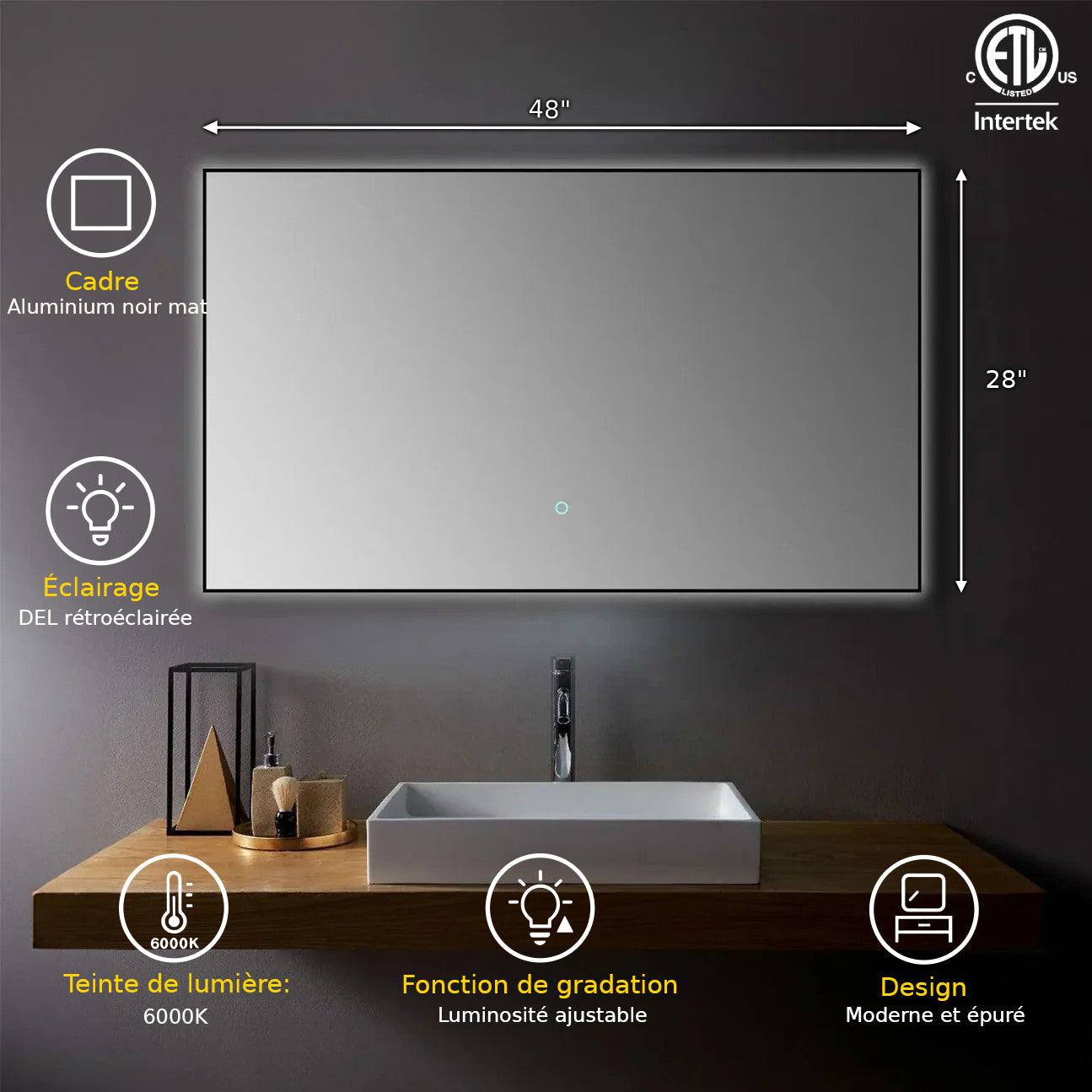 48" x 28" Premium LED Bathroom Mirror with Matte Black Aluminum Frame - Anti-Fog Smart Mirror with Adaptive Dimming Control, 6000K Cool White Lighting & Compact Illumination Design