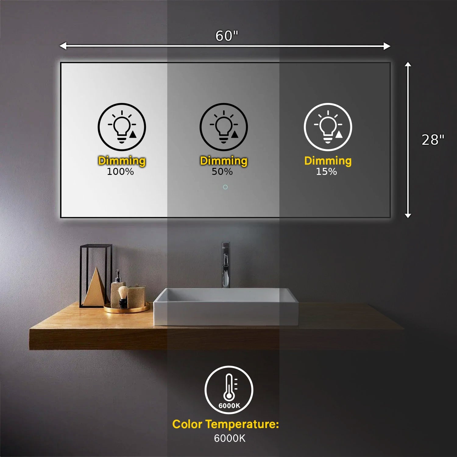 60" x 28" Premium LED Bathroom Mirror with Matte Black Aluminum Frame - Anti-Fog Smart Mirror with Adaptive Dimming Control, 6000K Cool White Lighting & Compact Illumination Design