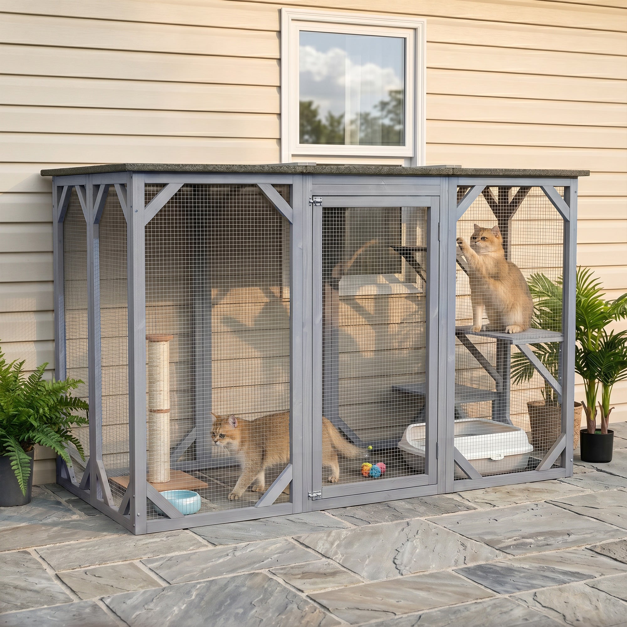 44.1" H Cat Cage, Indoor Outdoor Wooden Enclosure Pet House, Small Animal Cage Hutch, Suitable for Rabbit, Dogs, Kitten, Crate Kennel with Waterproof Roof, Multi-Level Platforms, Lock, Grey