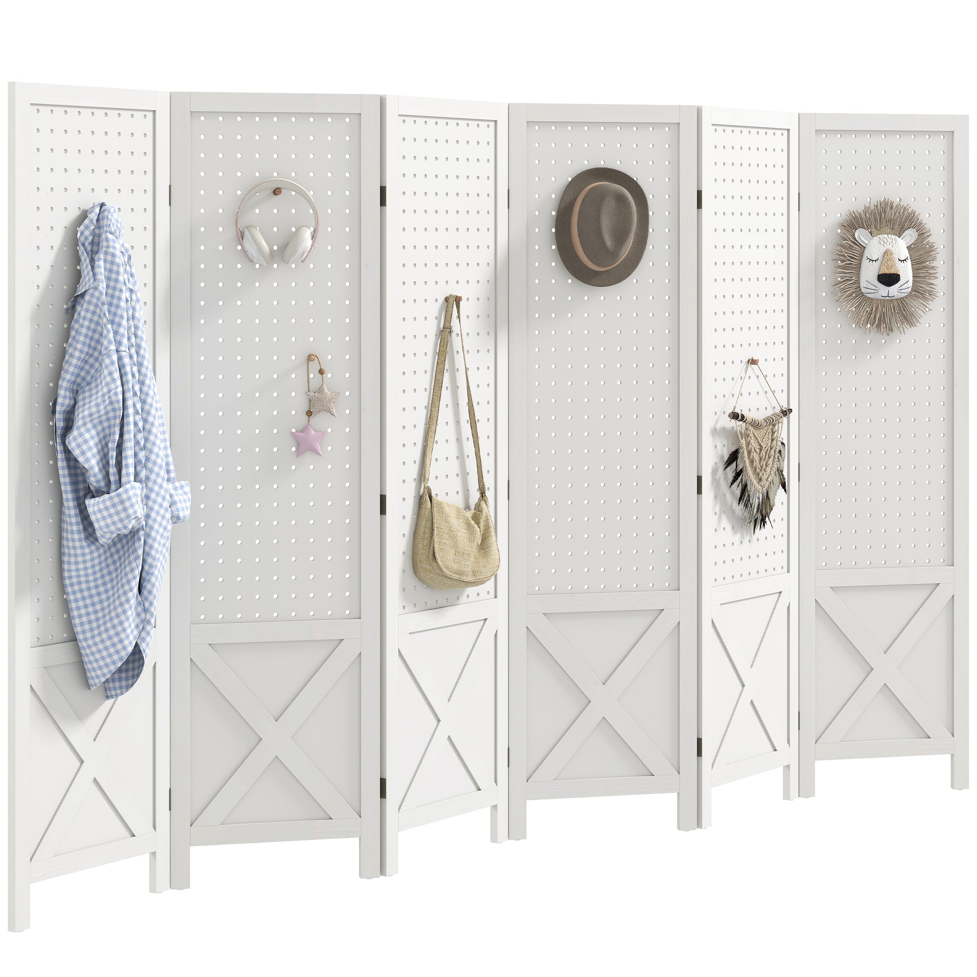 56.9" 6 Panel Wooden Room Divider with Pegboard Display, Folding Privacy Screen for Home Office, White