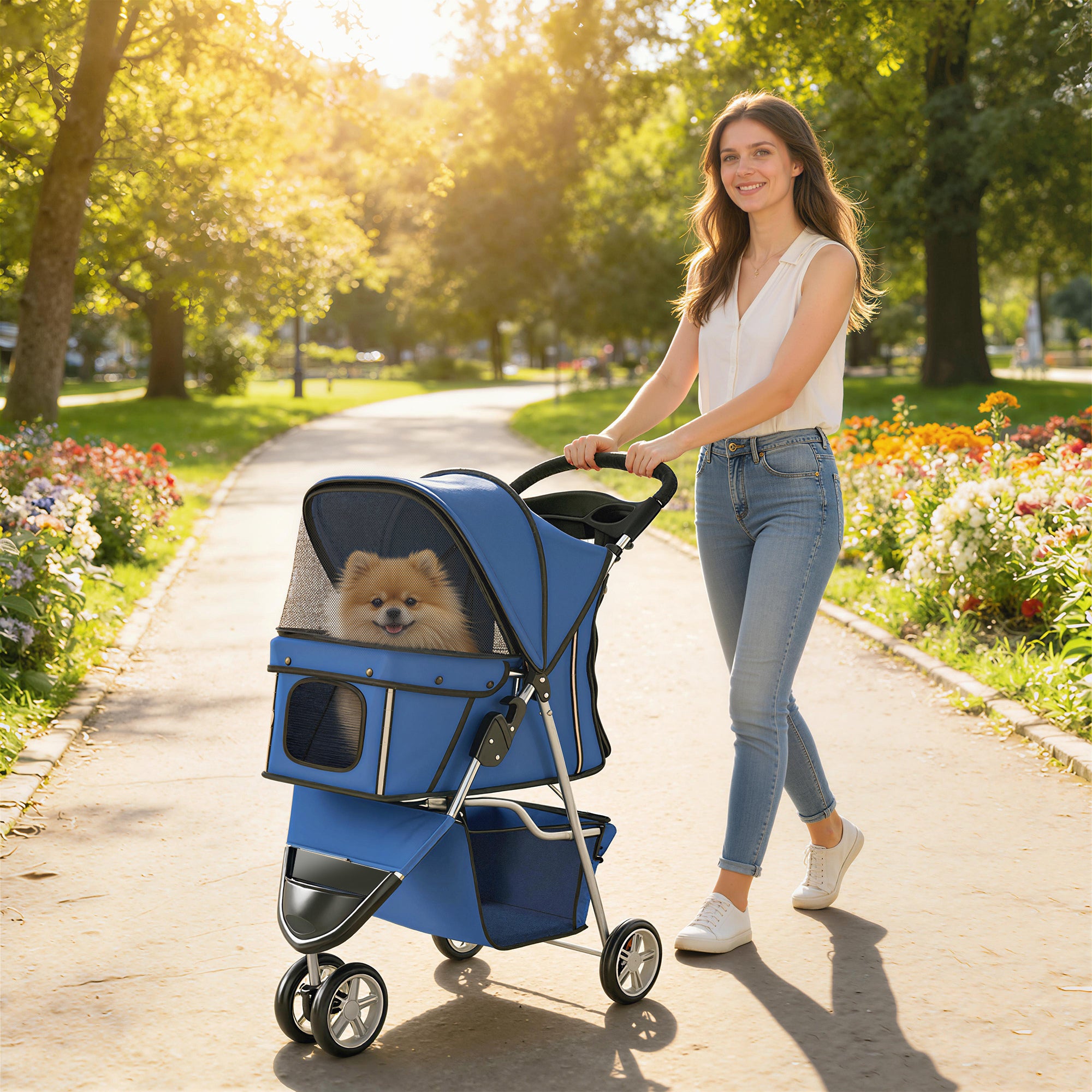 3 Wheels Foldable Dog Stroller with Storage Basket, Adjustable Canopy, Cupholder for Miniature and Small Dogs, Blue