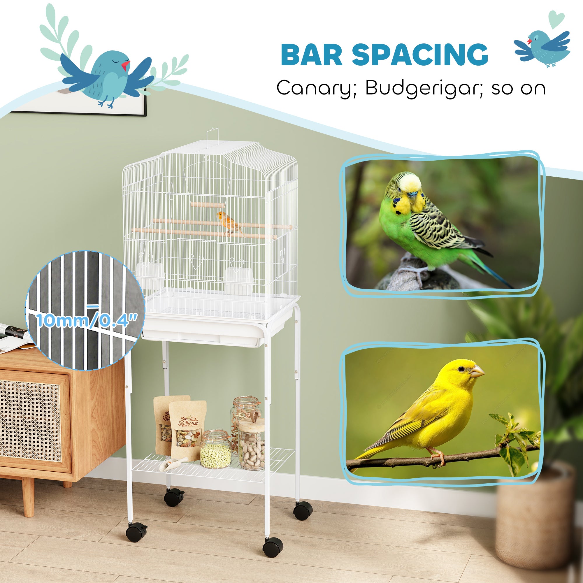 49" Rolling Bird Cage Cockatoo House Play Top Finch Pet Supply with Storage Shelf, Wheels - White
