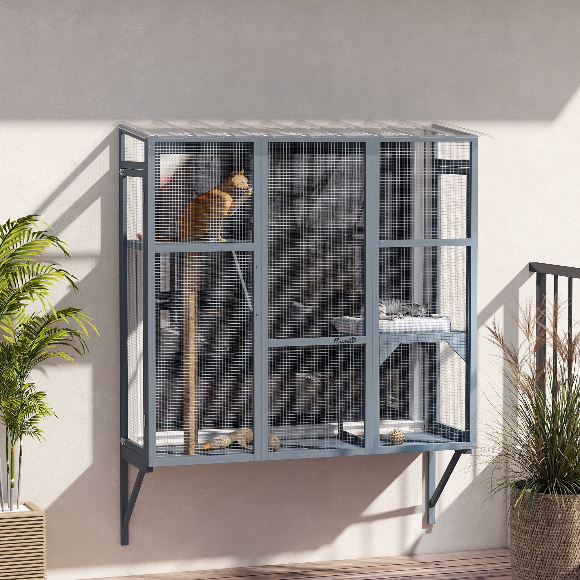Enclos extérieur en bois pour chats, espace grillagé pour fenêtre permettant d’accueillir 2 à 3 grands chats, avec 2 plateformes de saut et un poteau à griffer, gris
