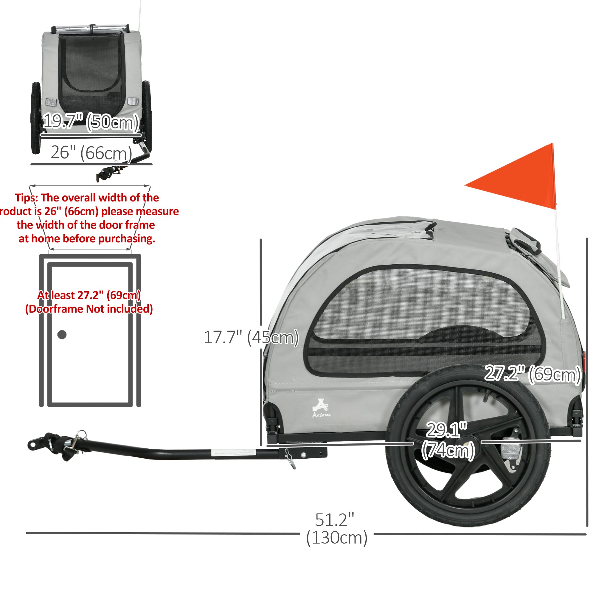 Aosom Dog Bike Trailer with Mesh Windows, Safety Leash, Safety Flag, Doors, for Small Medium Dogs Travel, Light Grey