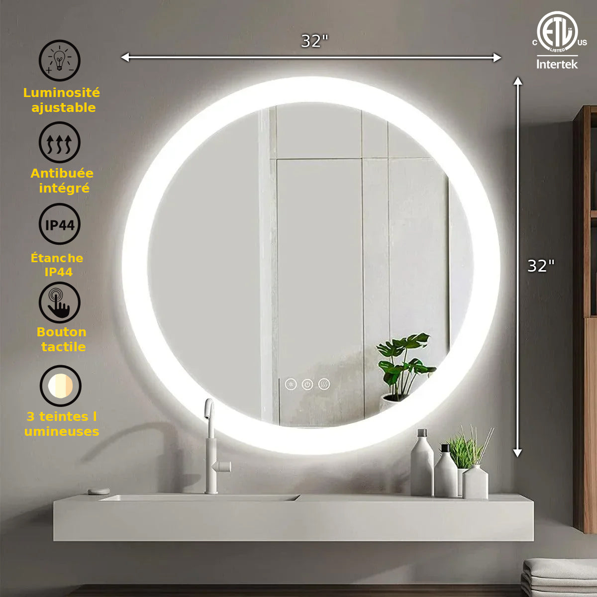 32" Round LED Bathroom Mirror with Integrated Ribbon Illumination - Premium Grey Edge Mirror with Frosted Lighting Technology, Complete Back Panel Support & Virtually Glowing Effect