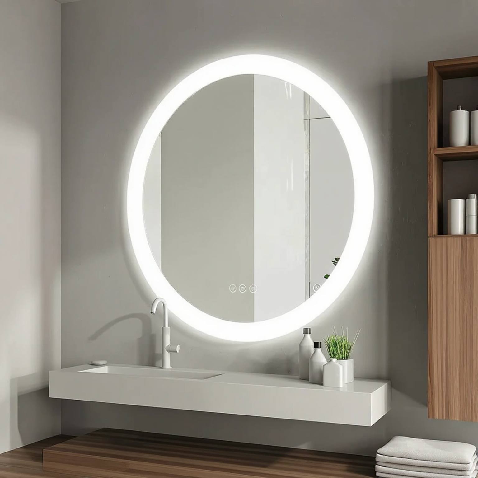 32" Round LED Bathroom Mirror with Integrated Ribbon Illumination - Premium Grey Edge Mirror with Frosted Lighting Technology, Complete Back Panel Support & Virtually Glowing Effect