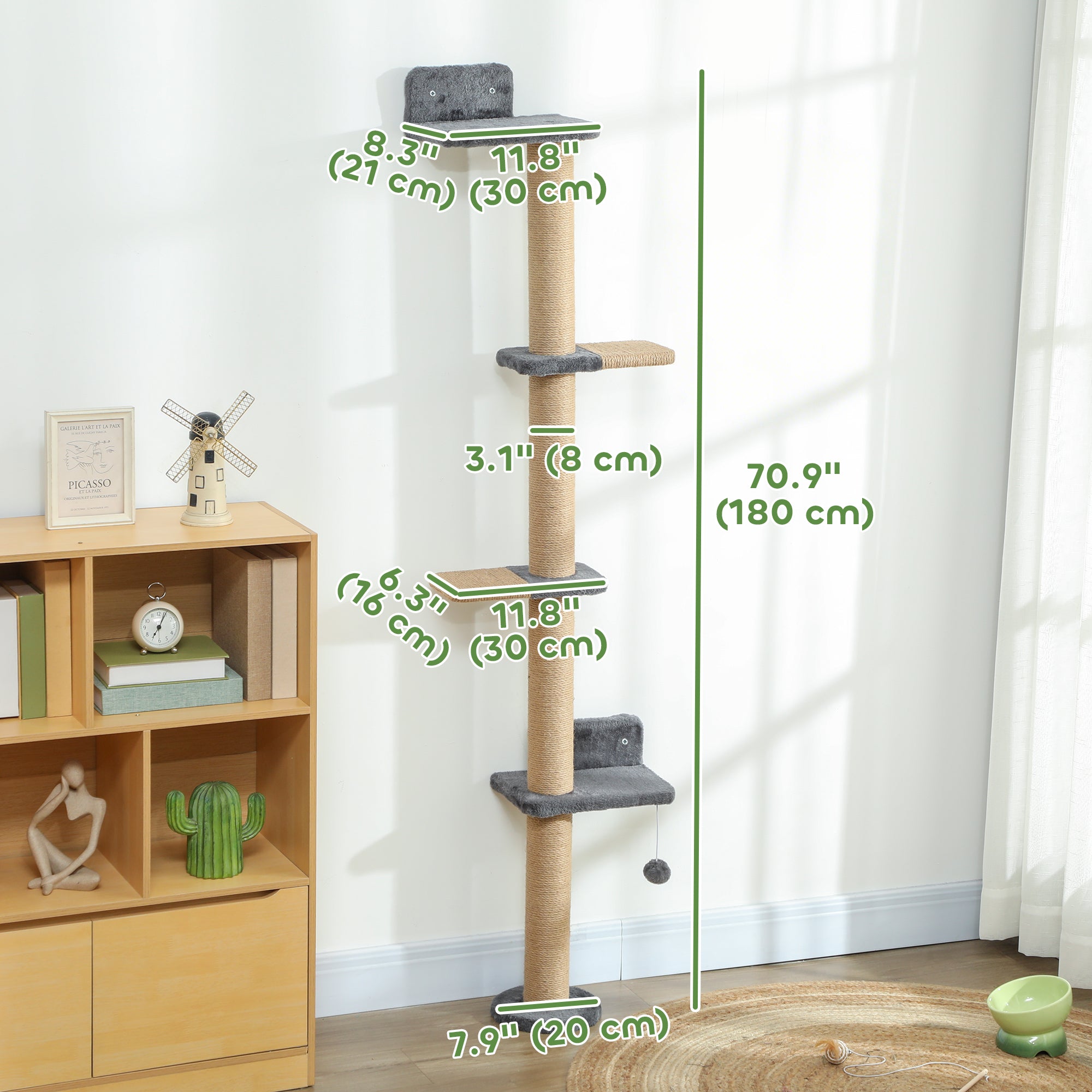 Cat Wall Shelves, Cat Wall Furniture with 4 Platforms, Jute Scratching Post for Indoor Playing, Climbing, Dark Grey
