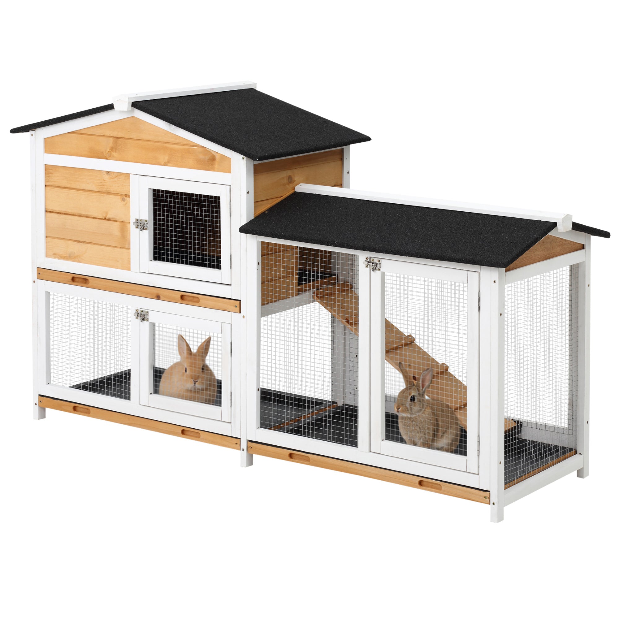 Clapier en bois à 2 niveaux pour lapins, cage d’extérieur pour petits animaux avec rampe et enclos extérieur, jaune