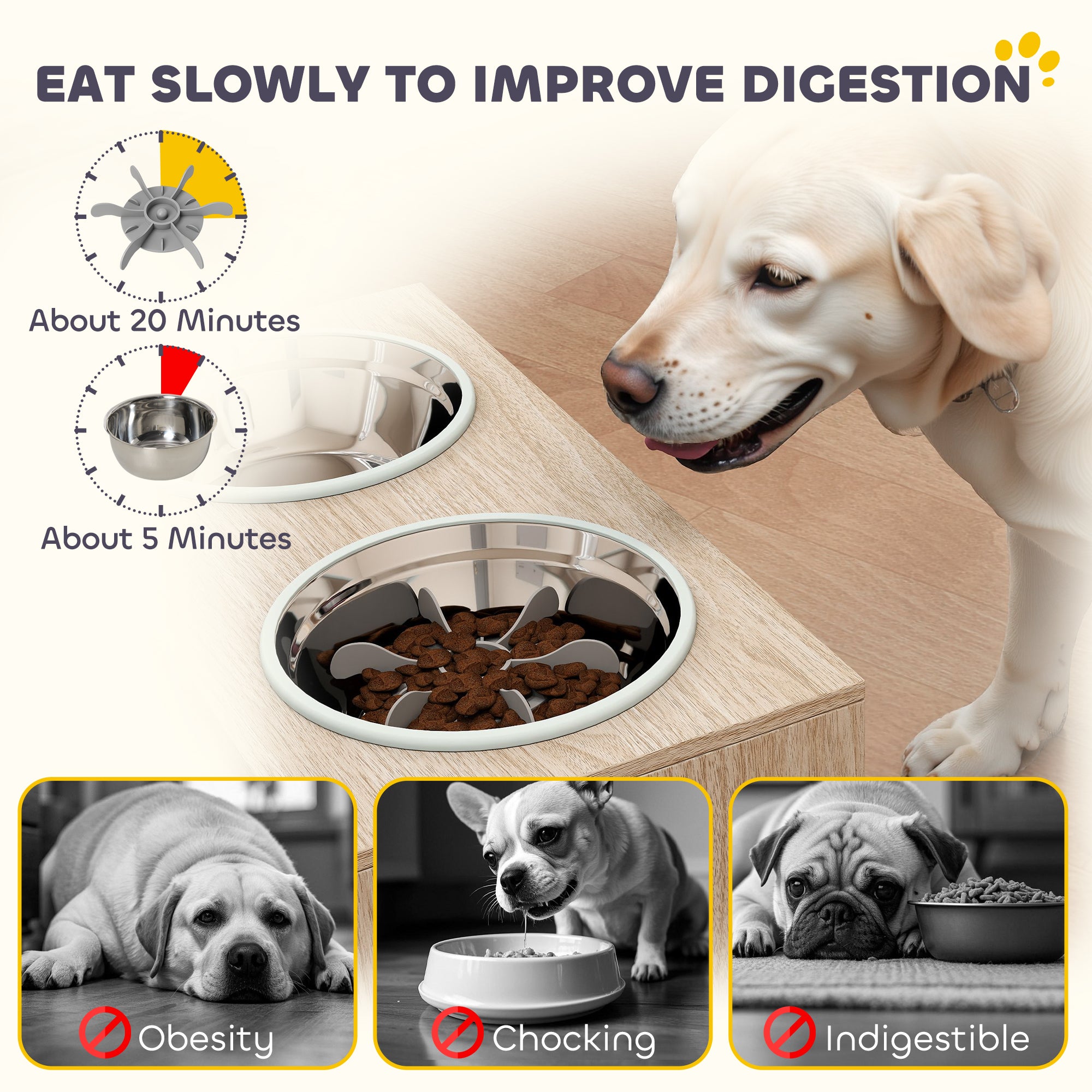 Raised Dog Bowls with Storage, Slow Feeder,  2 Stainless Steel Food and Water Bowl Non-Slip, Oak