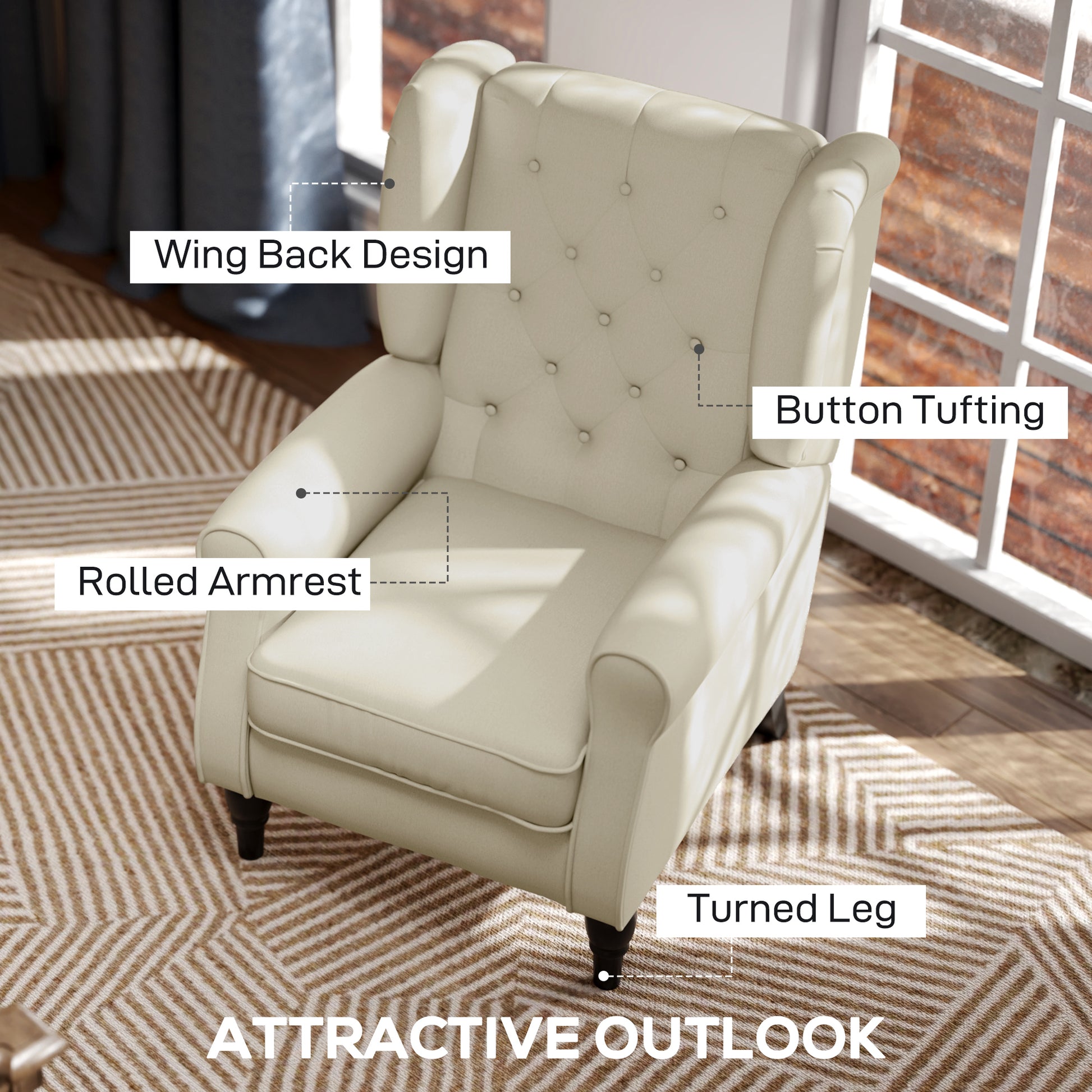 Fabric Accent Chair Button Tufted Wingback White-DECOROLALA
