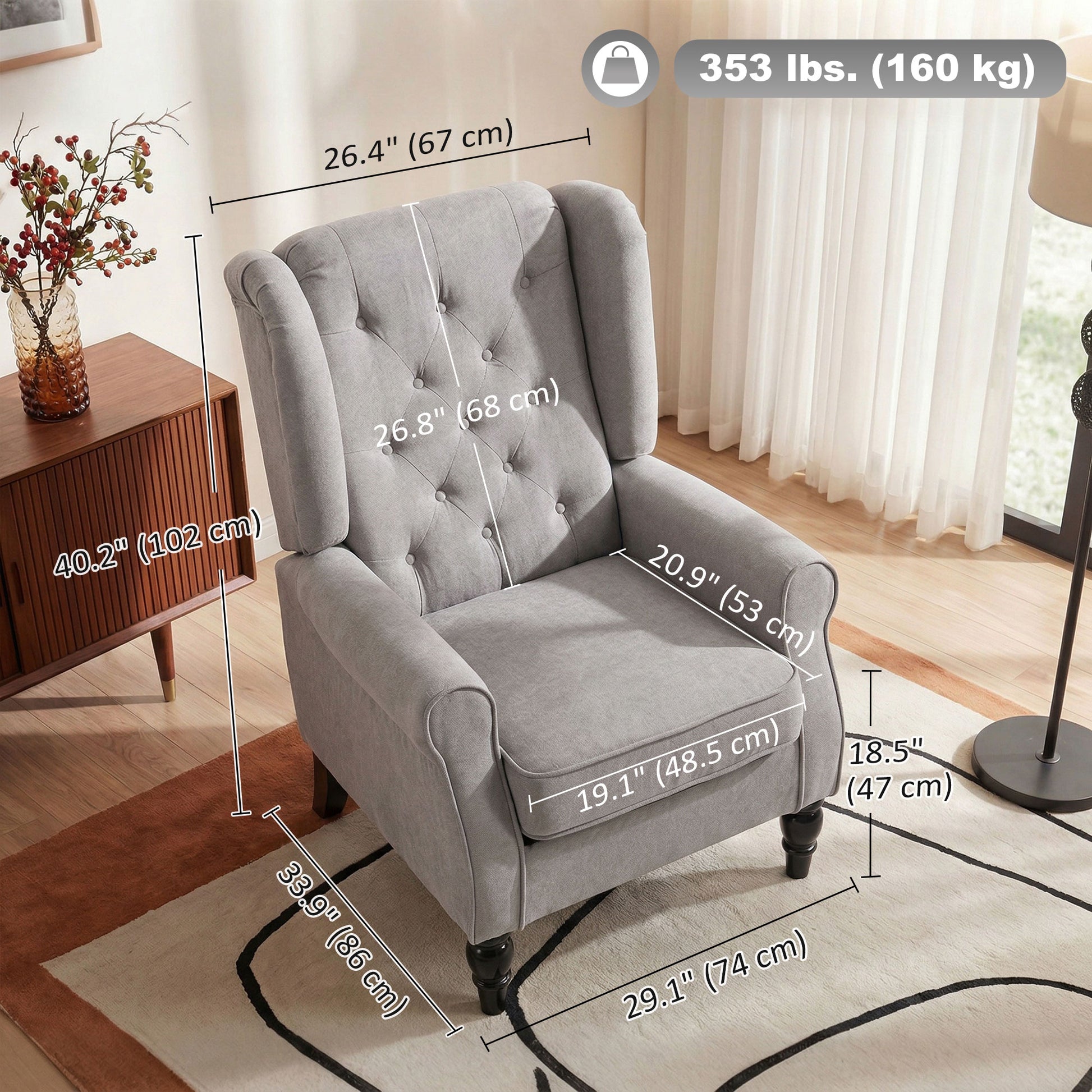 Fabric Accent Wingback Chair, Grey, Upholstered Modern, Button Tufted, Thick Padding-DECOROLALA
