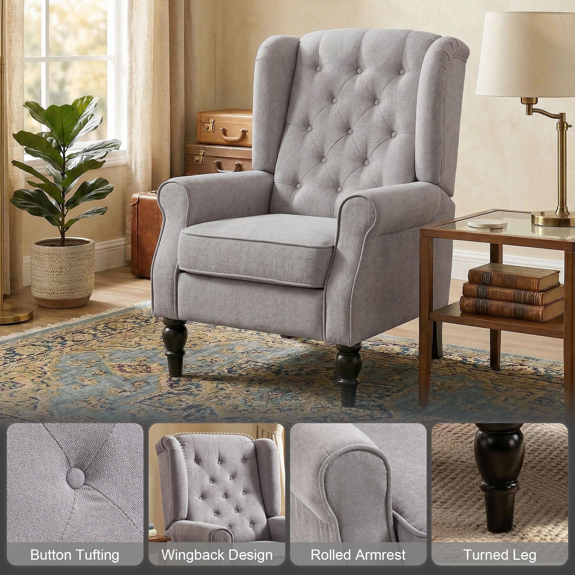 Fabric Accent Wingback Chair, Grey, Upholstered Modern, Button Tufted, Thick Padding-DECOROLALA