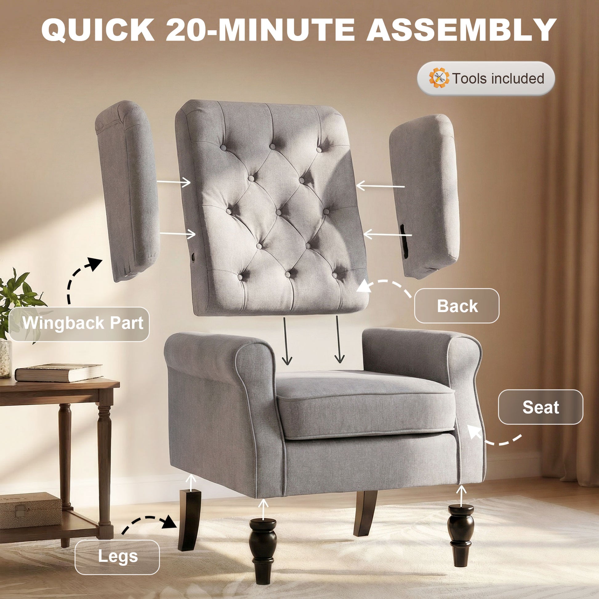 Fabric Accent Wingback Chair, Grey, Upholstered Modern, Button Tufted, Thick Padding-DECOROLALA