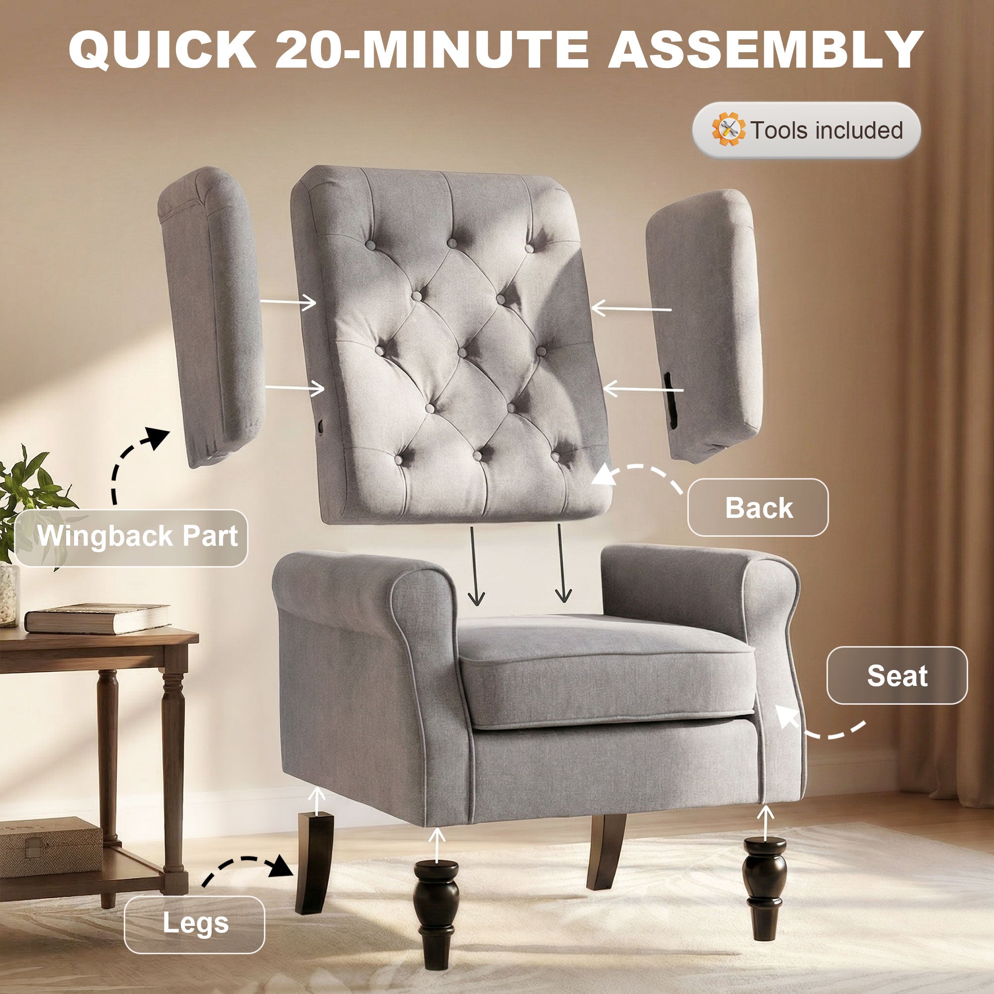 Fabric Accent Wingback Chair, Grey, Upholstered Modern, Button Tufted, Thick Padding-DECOROLALA