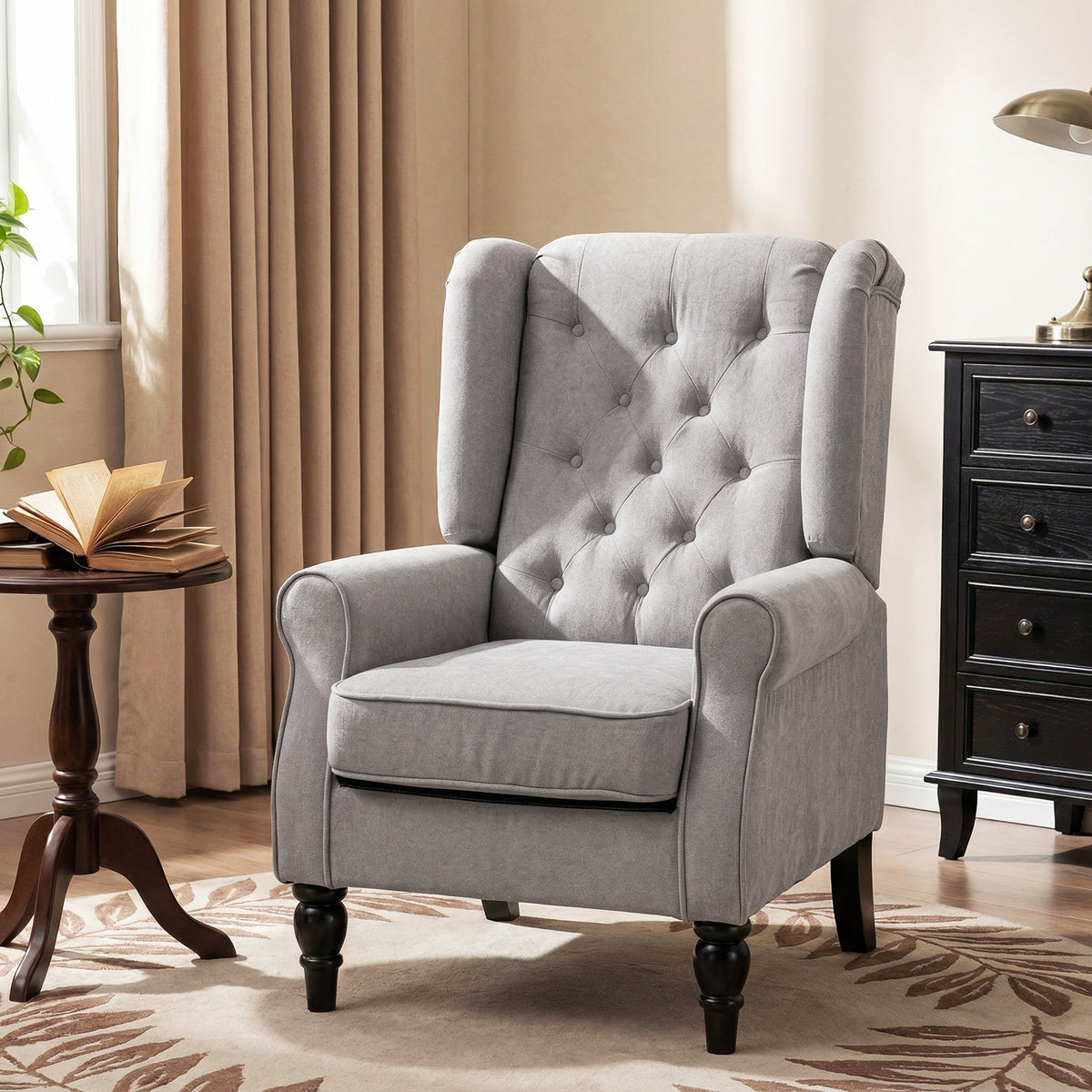 Fabric Accent Wingback Chair, Grey, Upholstered Modern, Button Tufted, Thick Padding-DECOROLALA