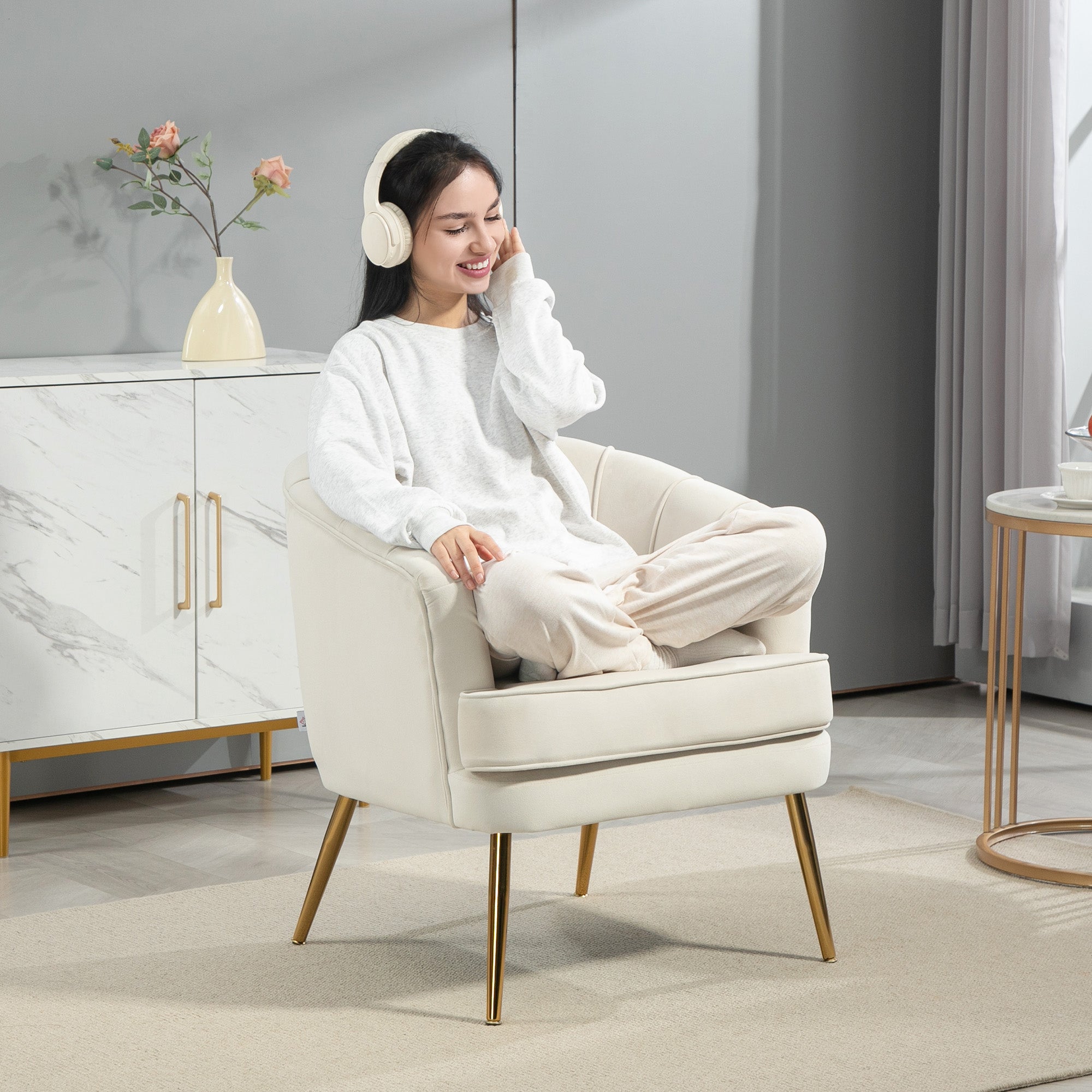 Fabric Armchair Modern Accent Chair Cream White-DECOROLALA