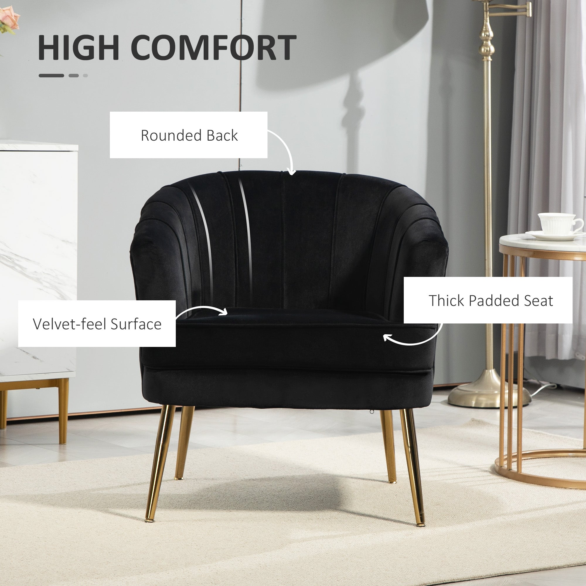 Fabric Armchair Modern Accent Chair Gold Metal Legs Black-DECOROLALA
