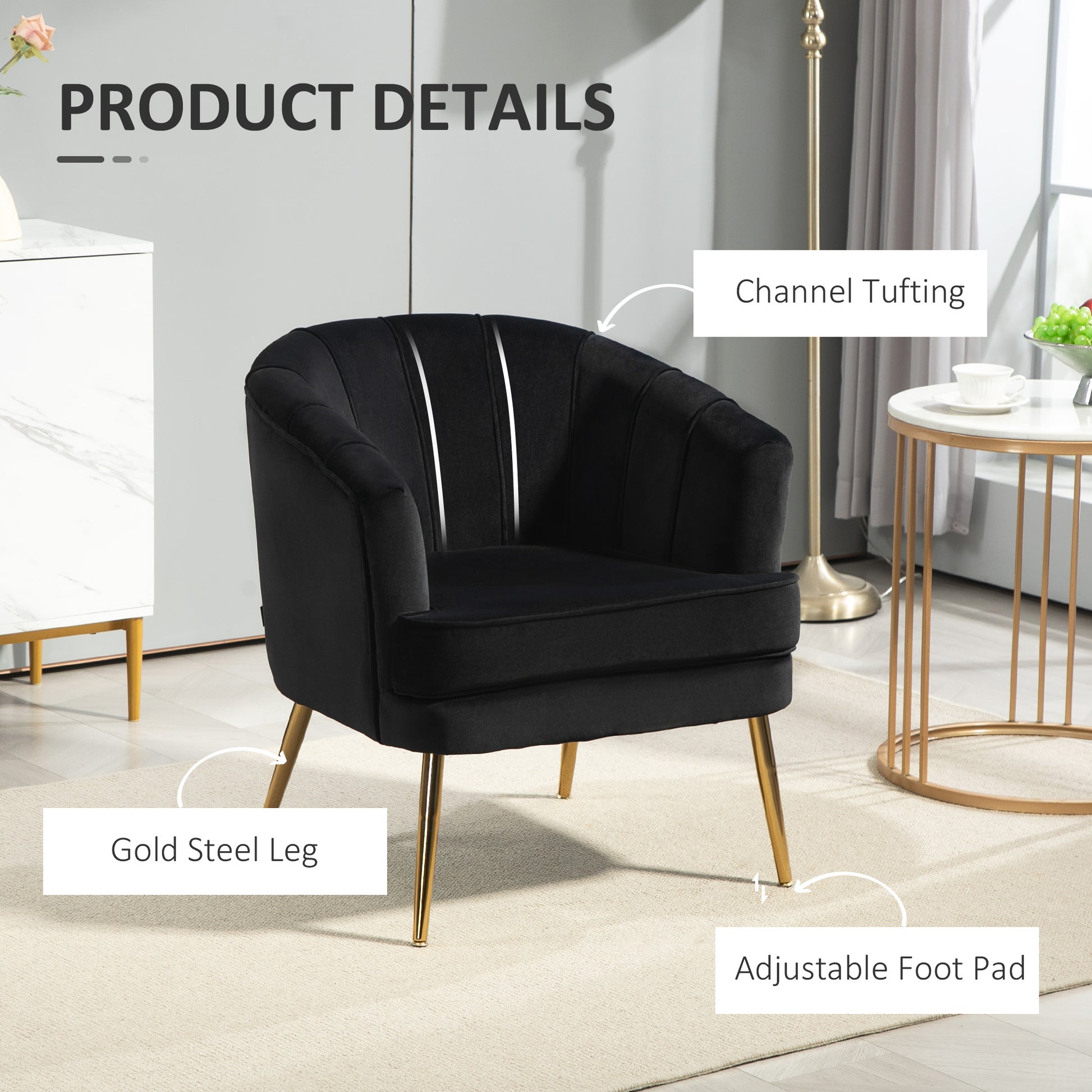 Fabric Armchair Modern Accent Chair Gold Metal Legs Black-DECOROLALA