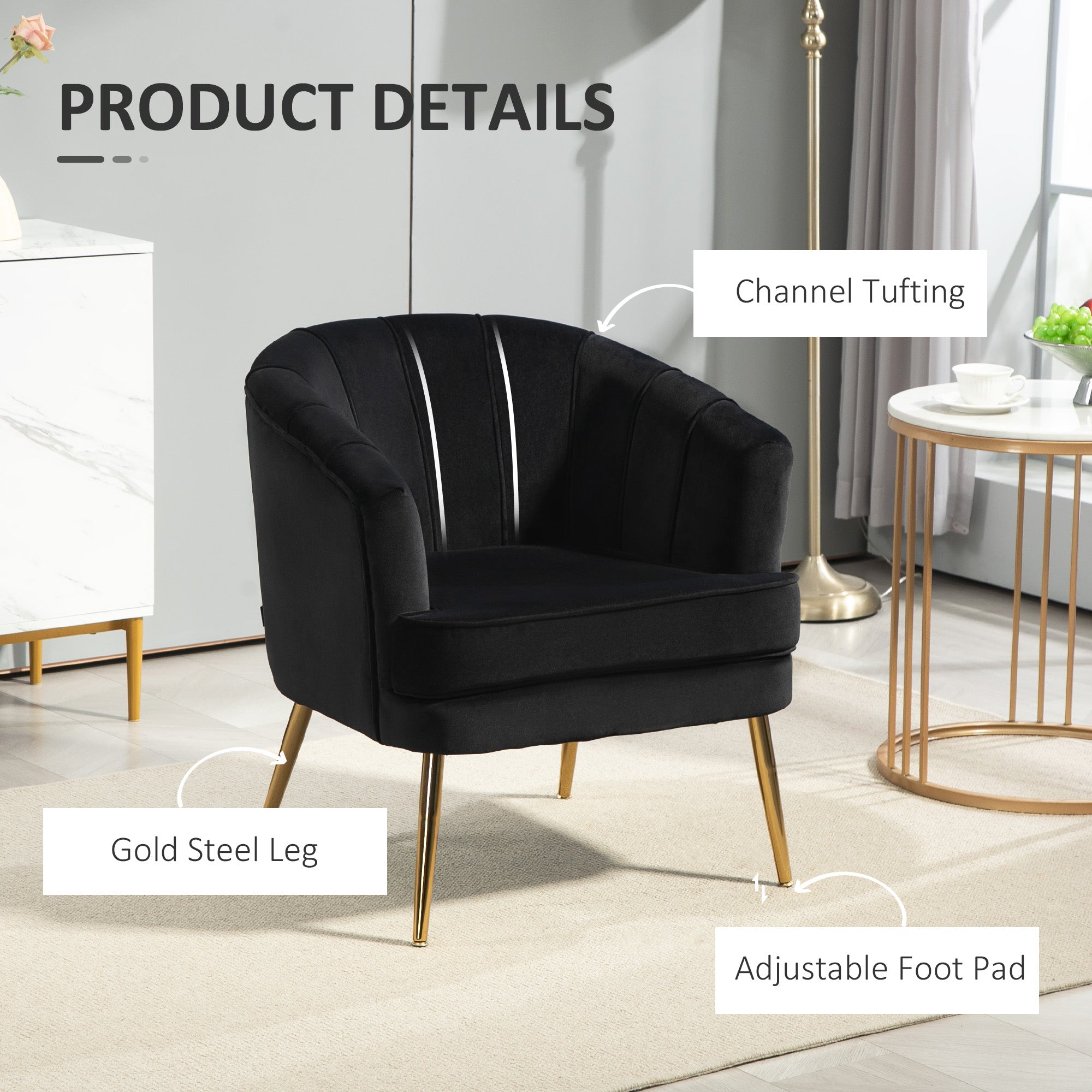 Fabric Armchair Modern Accent Chair Gold Metal Legs Black-DECOROLALA