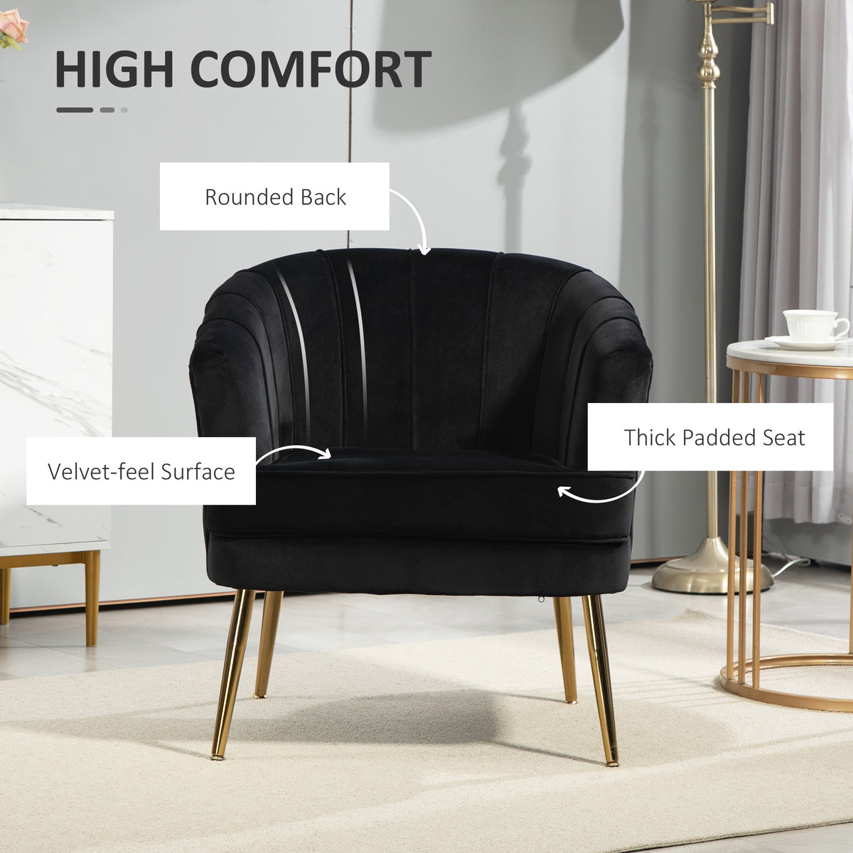 Fabric Armchair Modern Accent Chair Gold Metal Legs Black-DECOROLALA