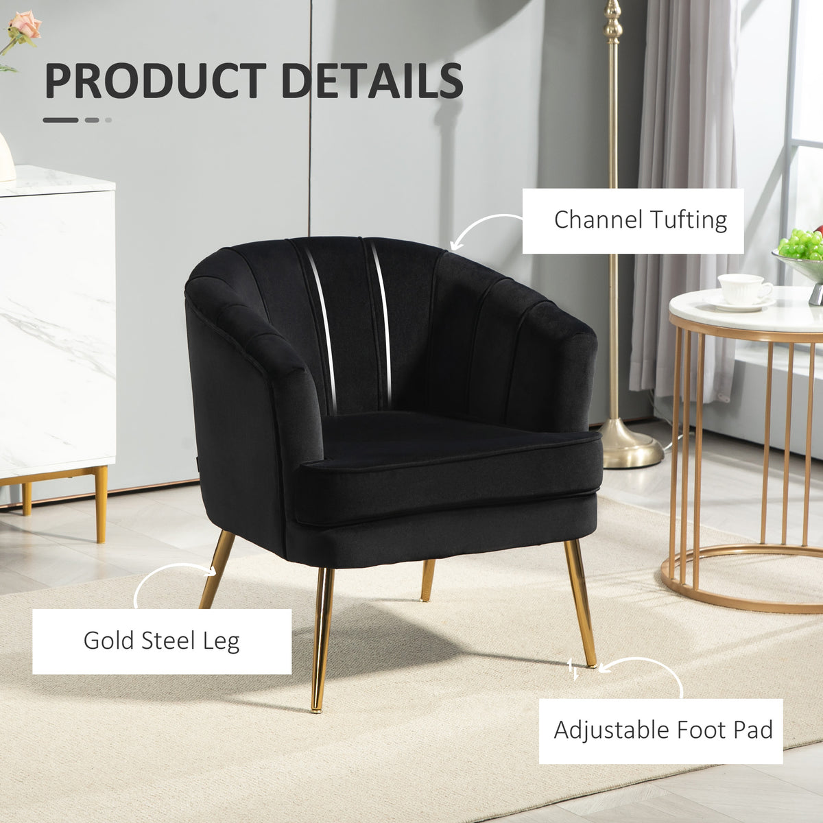 Fabric Armchair Modern Accent Chair Gold Metal Legs Black-DECOROLALA
