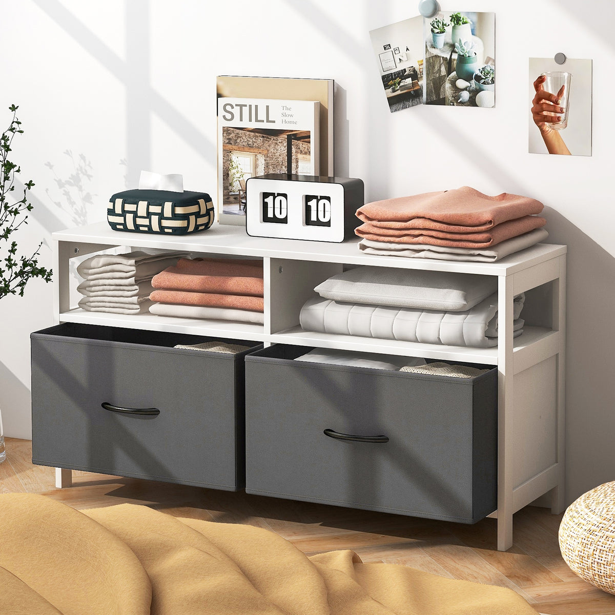 Fabric Chest of Drawers 2 Drawers 2 Shelves White-Dressers & Chests-DECOROLALA