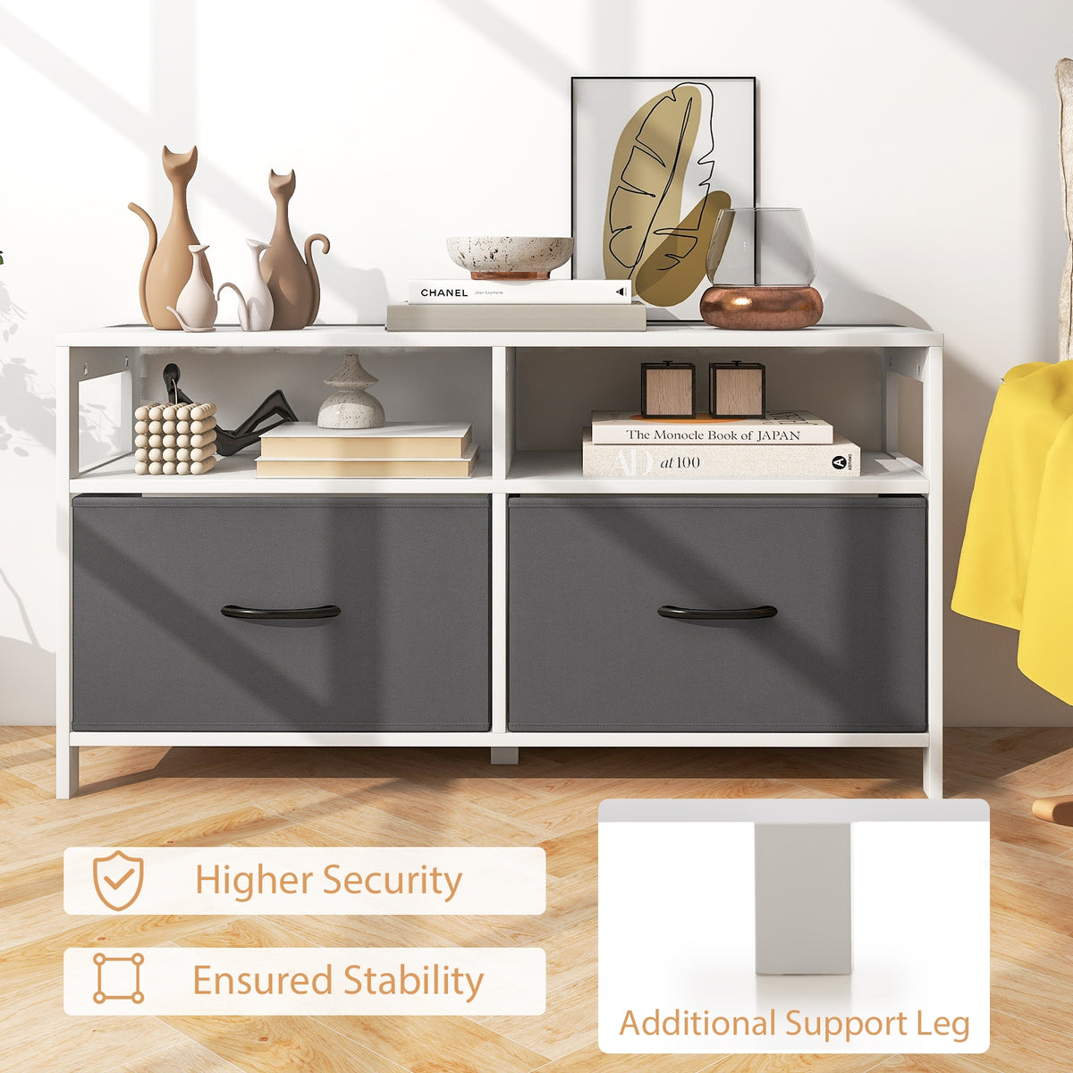 Fabric Chest of Drawers 2 Drawers 2 Shelves White-Dressers & Chests-DECOROLALA