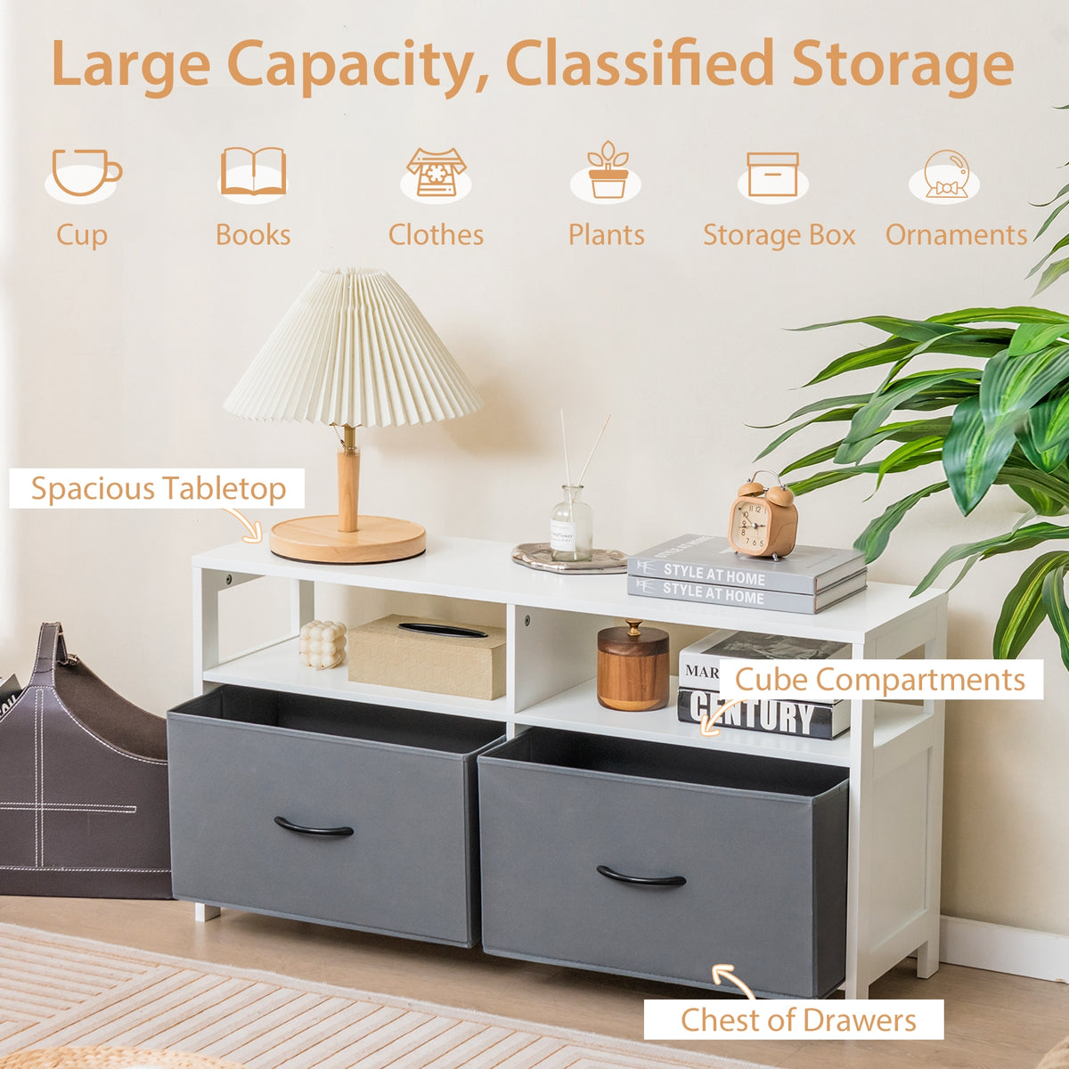 Fabric Chest of Drawers 2 Drawers 2 Shelves White-Dressers & Chests-DECOROLALA
