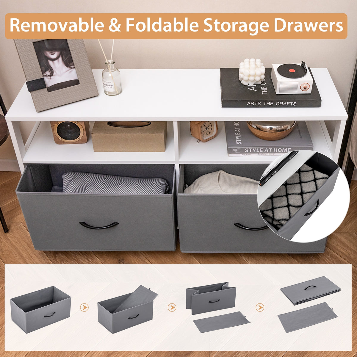 Fabric Chest of Drawers 2 Drawers 2 Shelves White-Dressers & Chests-DECOROLALA