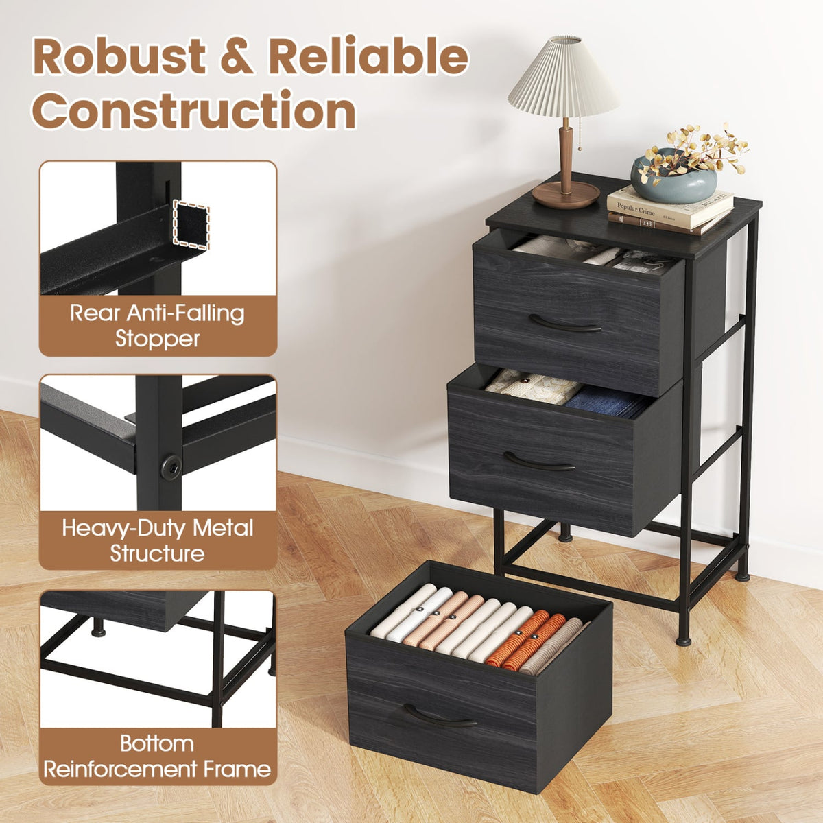 Fabric Dresser Nightstand - Black (min order qty 2)-Dressers & Chests-DECOROLALA