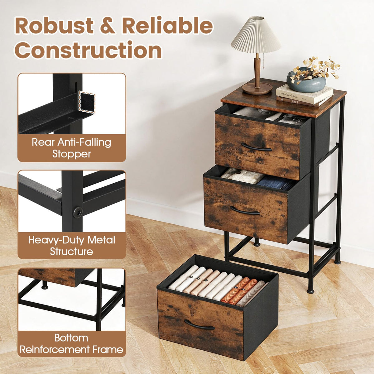 Fabric Dresser Nightstand - Brown (min order qty 2)-Dressers & Chests-DECOROLALA