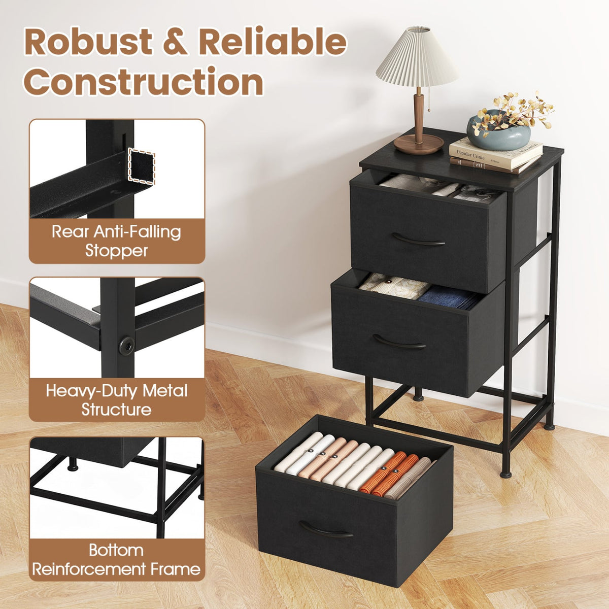 Fabric Dresser Nightstand - Dark Black (min order qty 2)-Dressers & Chests-DECOROLALA
