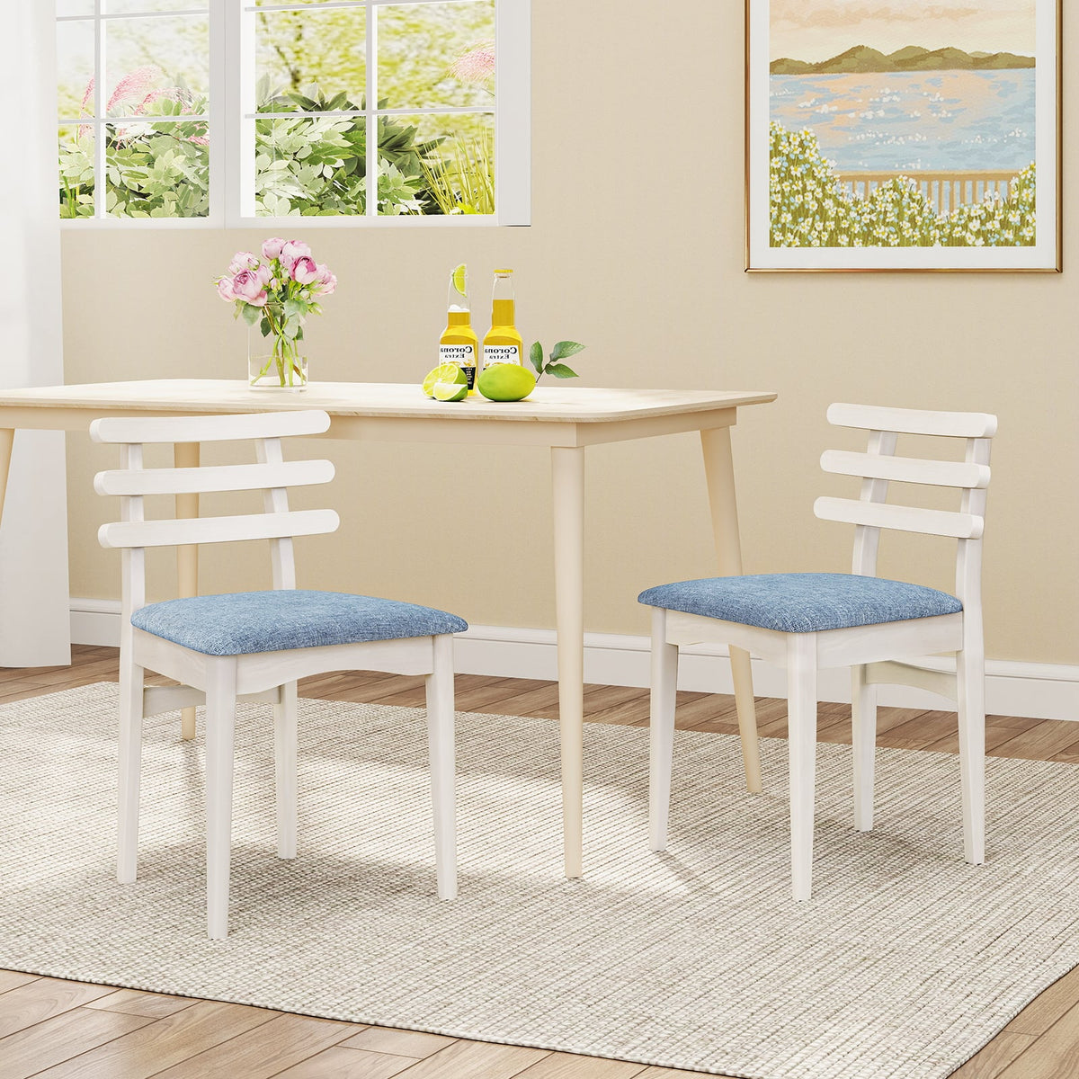 Fabric Kitchen Side Chairs with Rubber Wood Frame and Padded Seat-White-Dining Chairs-DECOROLALA