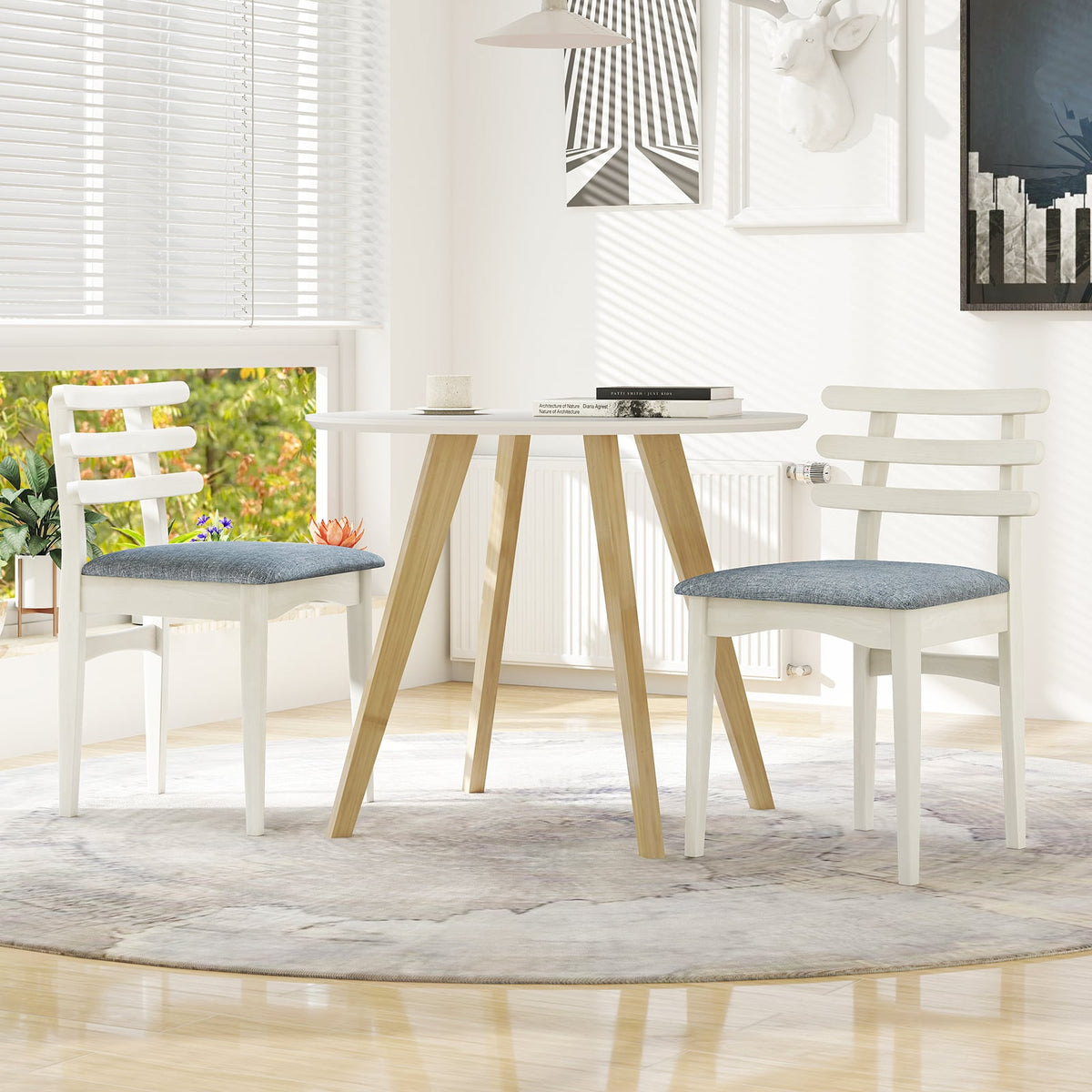 Fabric Kitchen Side Chairs with Rubber Wood Frame and Padded Seat-White-Dining Chairs-DECOROLALA