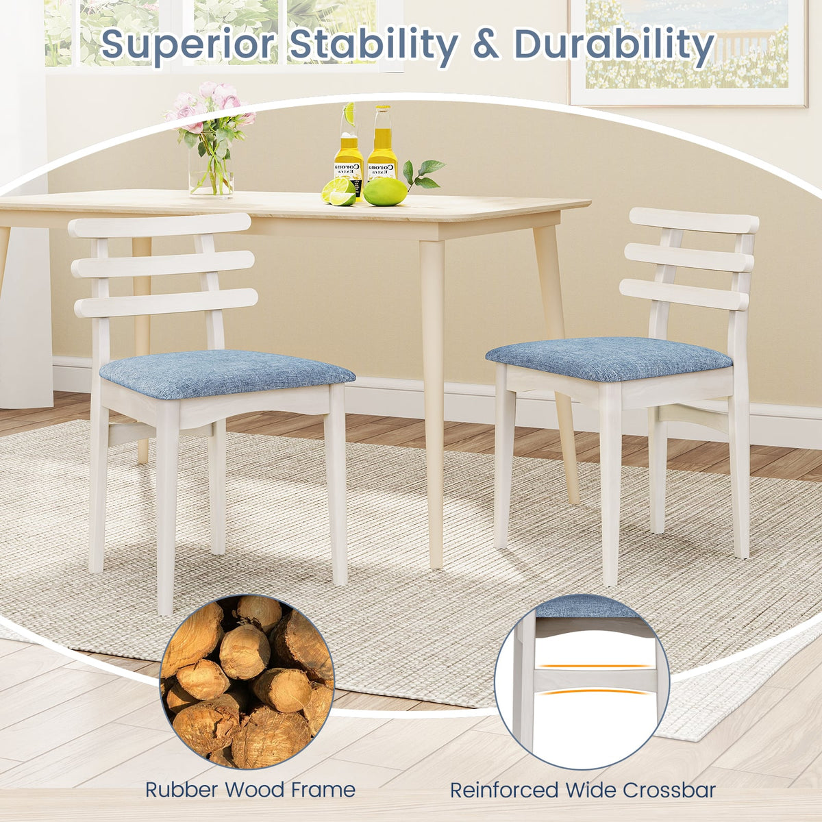 Fabric Kitchen Side Chairs with Rubber Wood Frame and Padded Seat-White-Dining Chairs-DECOROLALA