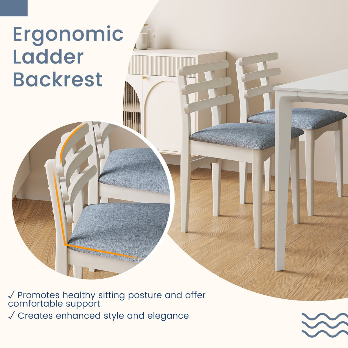 Fabric Kitchen Side Chairs with Rubber Wood Frame and Padded Seat-White-Dining Chairs-DECOROLALA