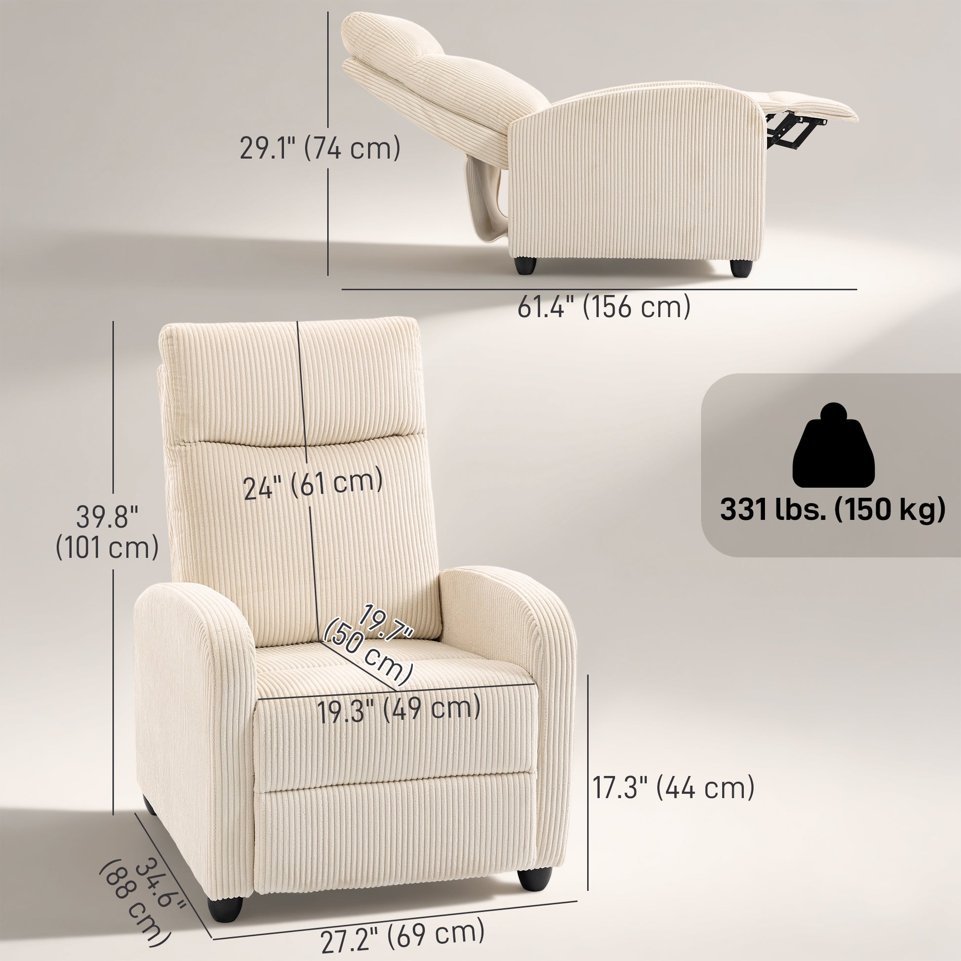 Fabric Recliner Chair Manual Beige Corduroy-DECOROLALA