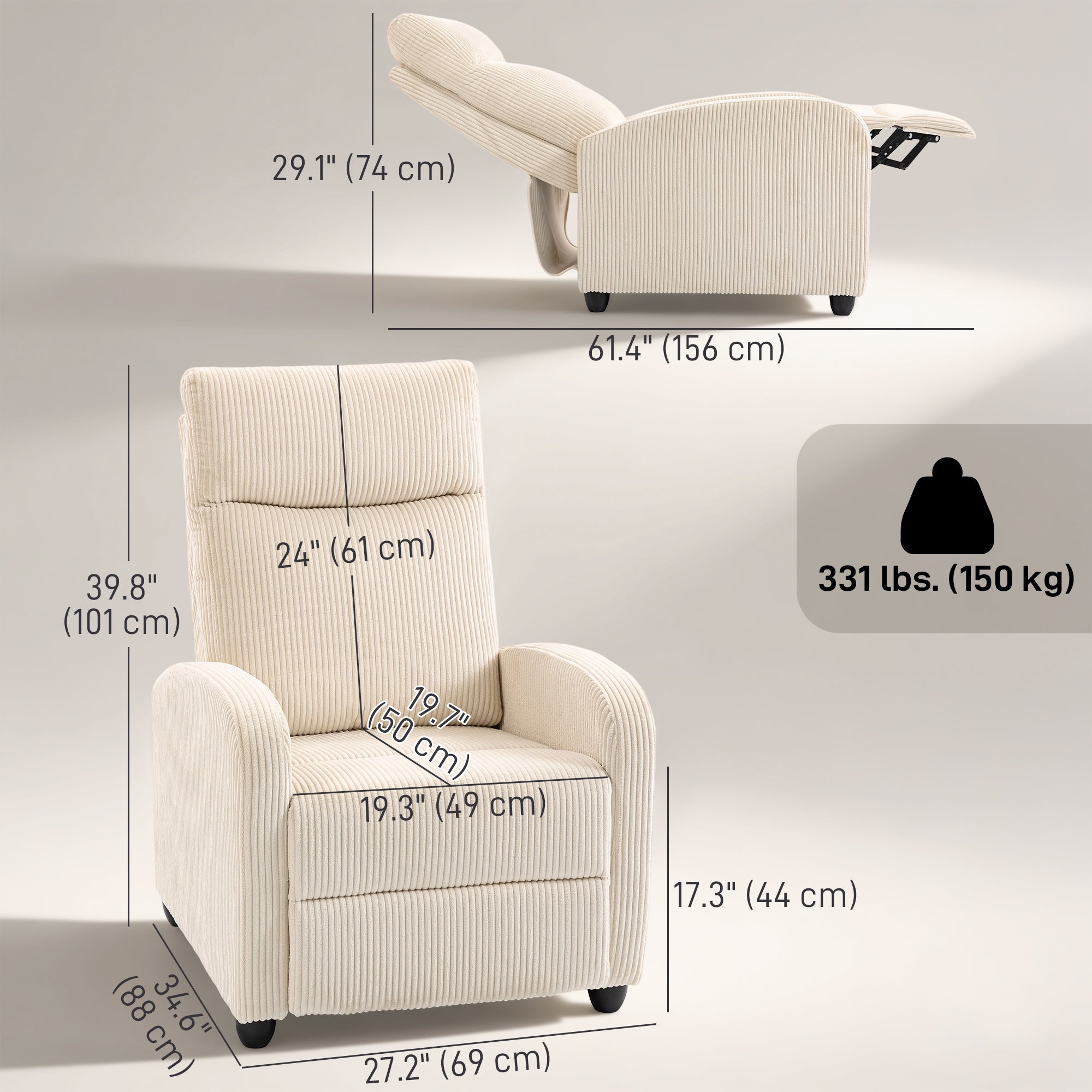 Fabric Recliner Chair Manual Beige Corduroy-DECOROLALA