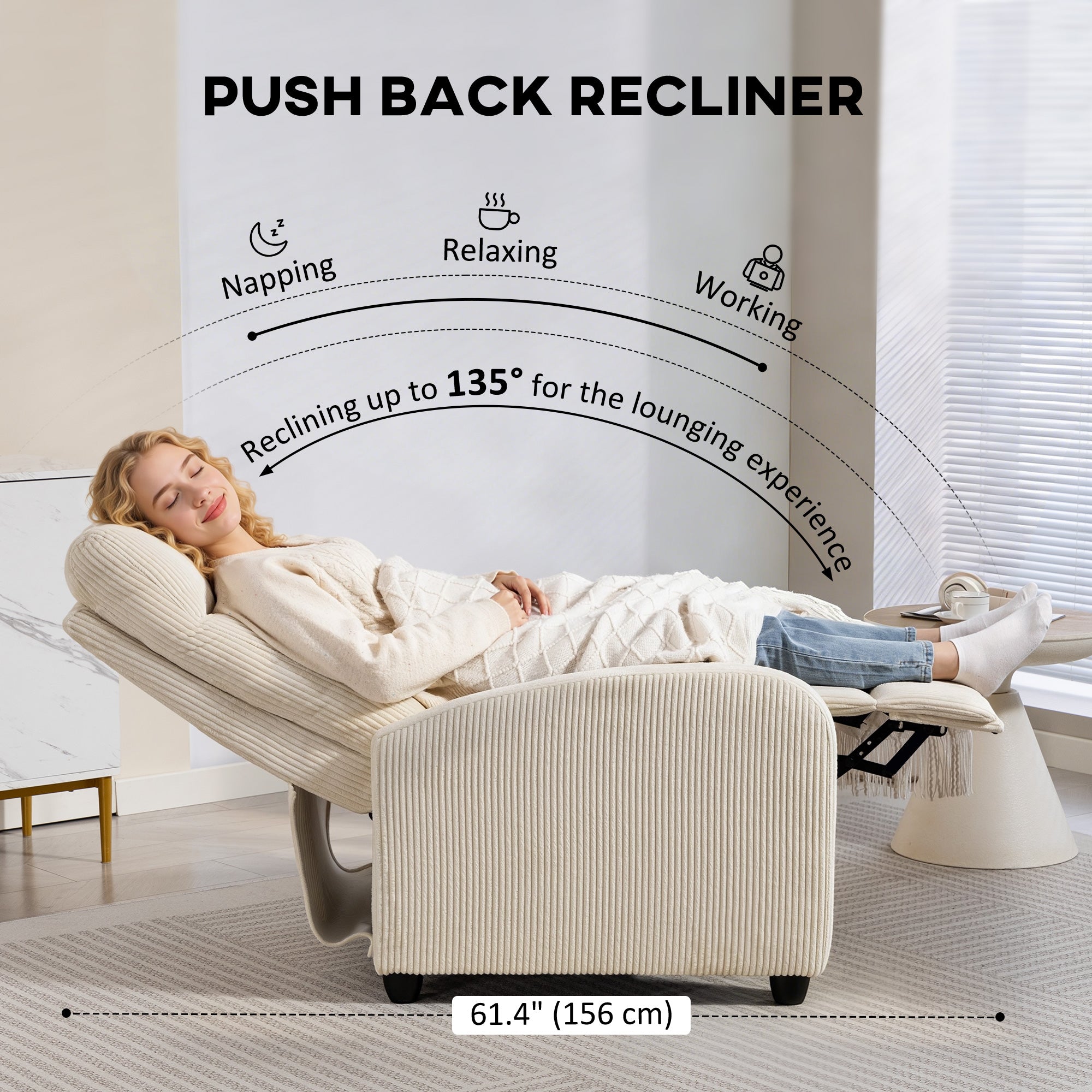Fabric Recliner Chair Manual Beige Corduroy-DECOROLALA