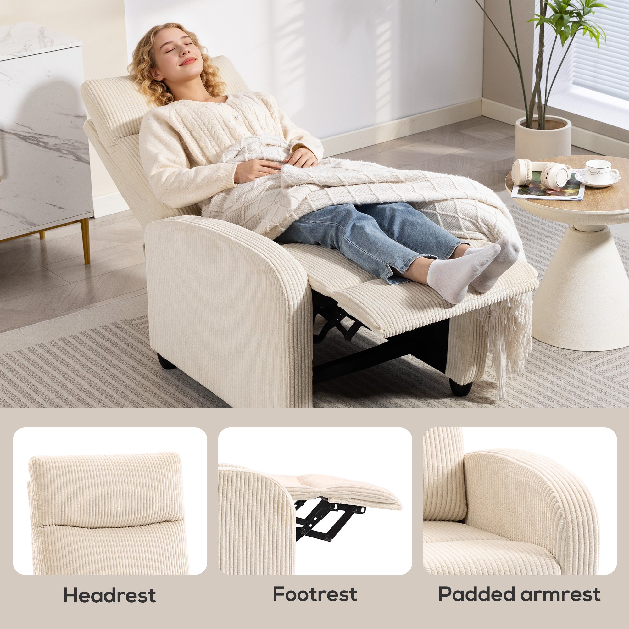 Fabric Recliner Chair Manual Beige Corduroy-DECOROLALA