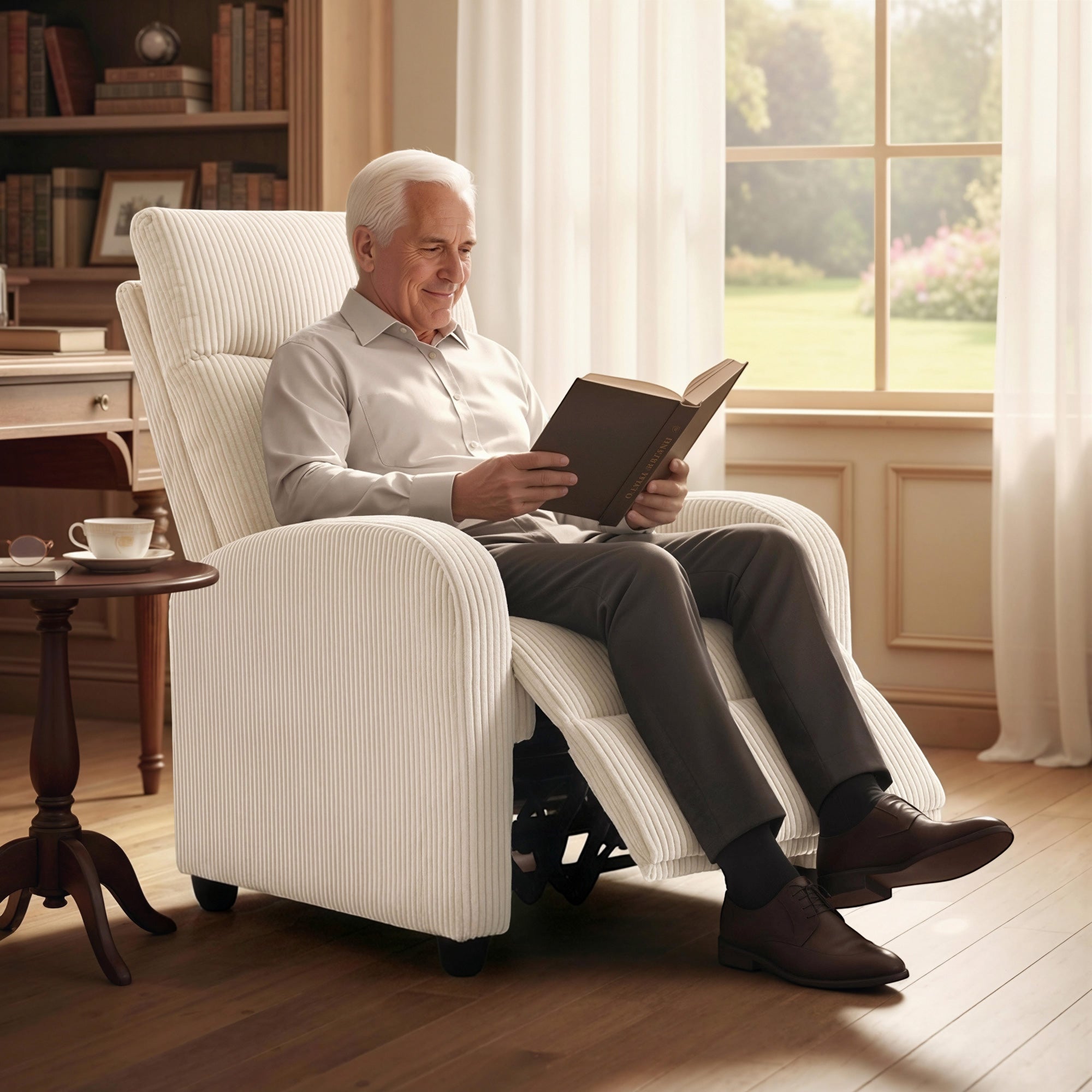 Fabric Recliner Chair Manual Beige Corduroy-DECOROLALA