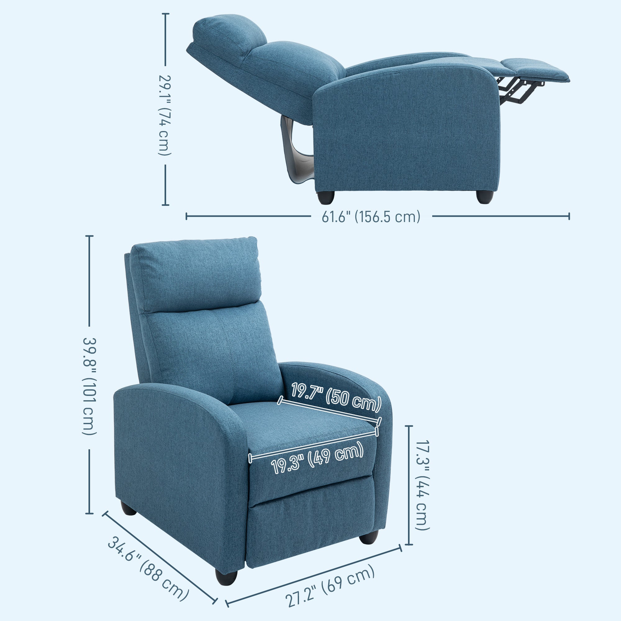 Fabric Recliner Chair Manual Blue Padded Seat-DECOROLALA