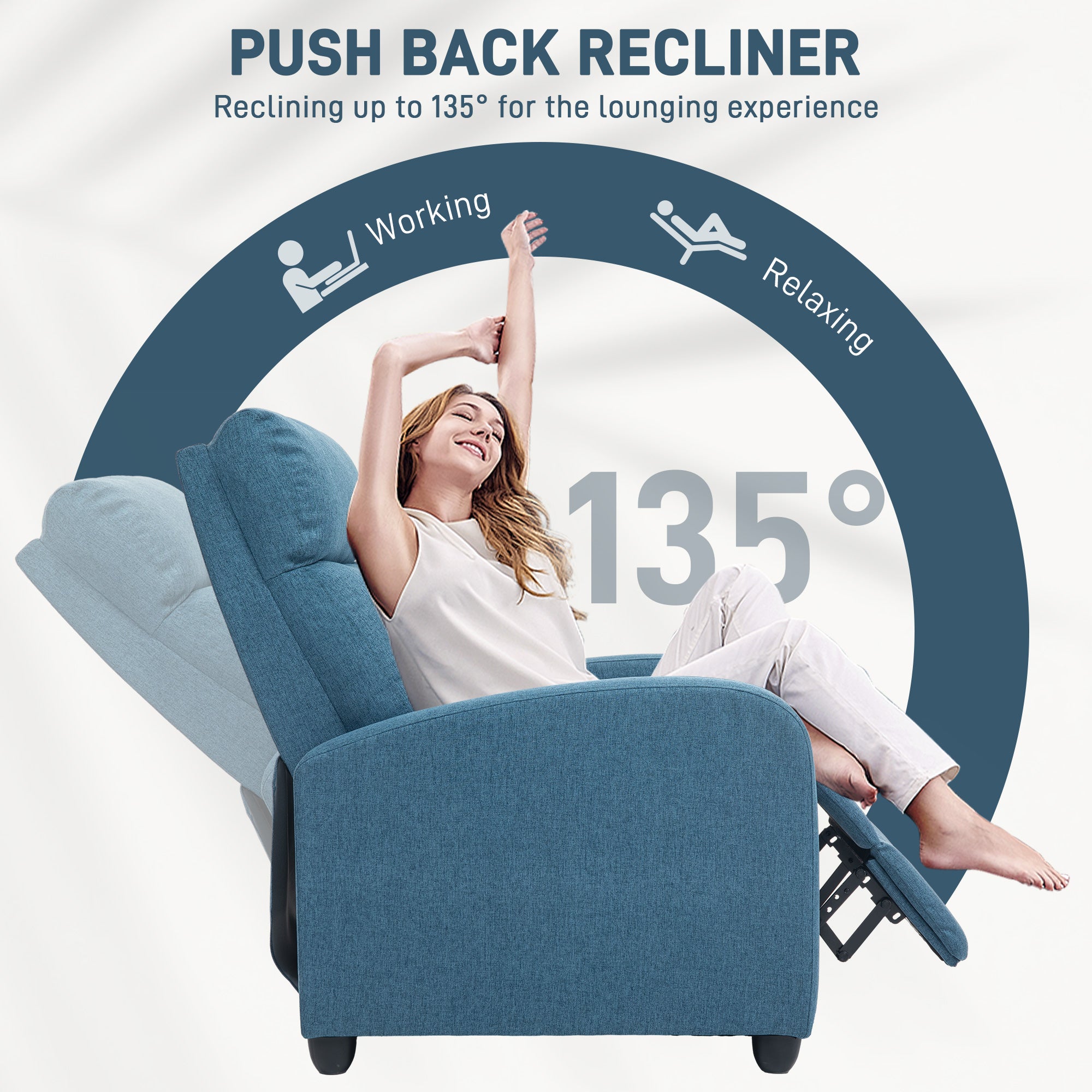 Fabric Recliner Chair Manual Blue Padded Seat-DECOROLALA