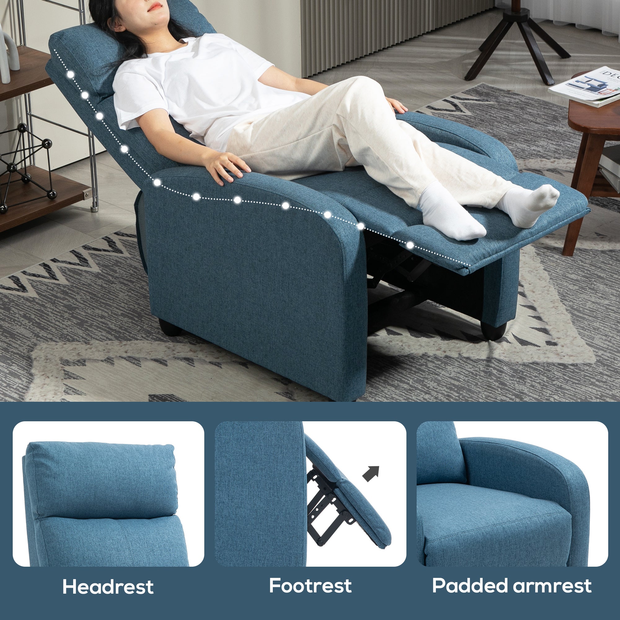 Fabric Recliner Chair Manual Blue Padded Seat-DECOROLALA