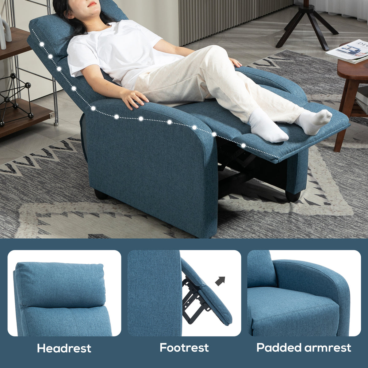 Fabric Recliner Chair Manual Blue Padded Seat-DECOROLALA