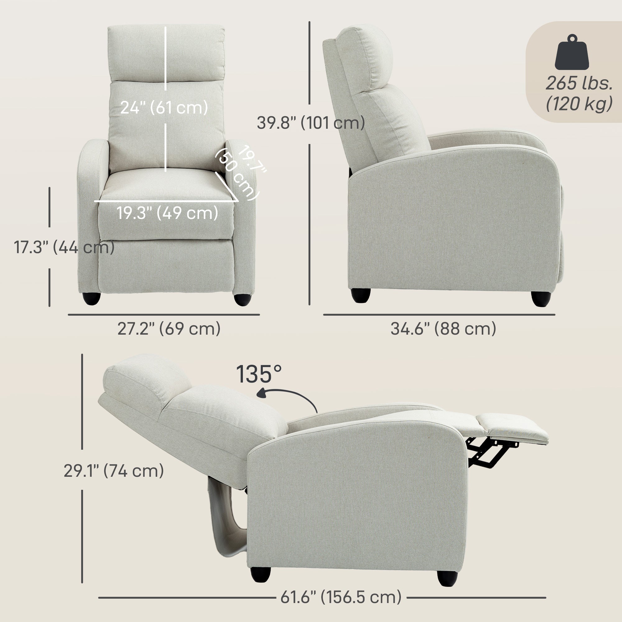 Fabric Recliner Chair Manual Cream White-DECOROLALA