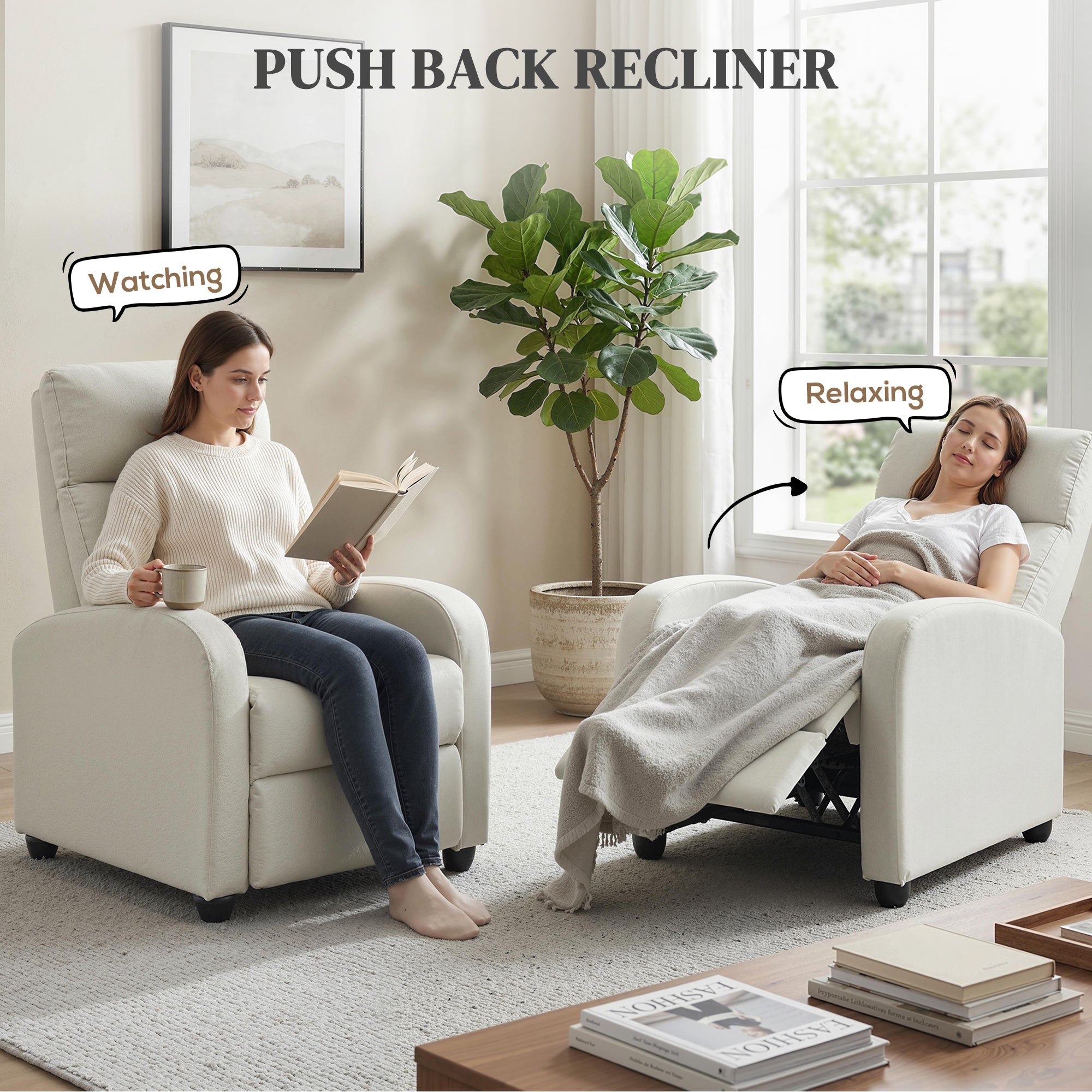 Fabric Recliner Chair Manual Cream White-DECOROLALA