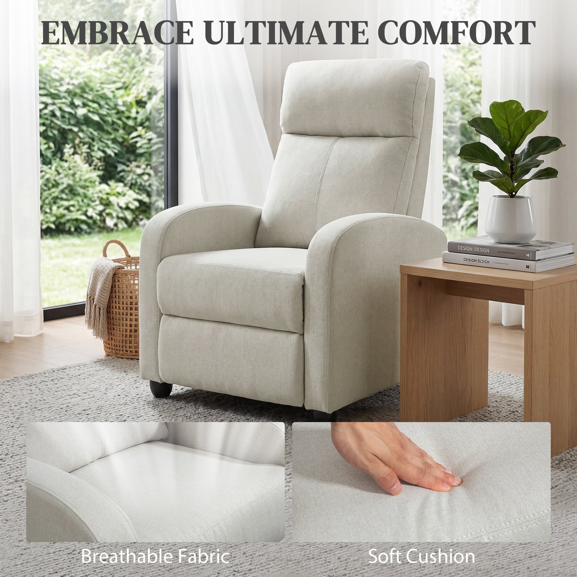 Fabric Recliner Chair Manual Cream White-DECOROLALA