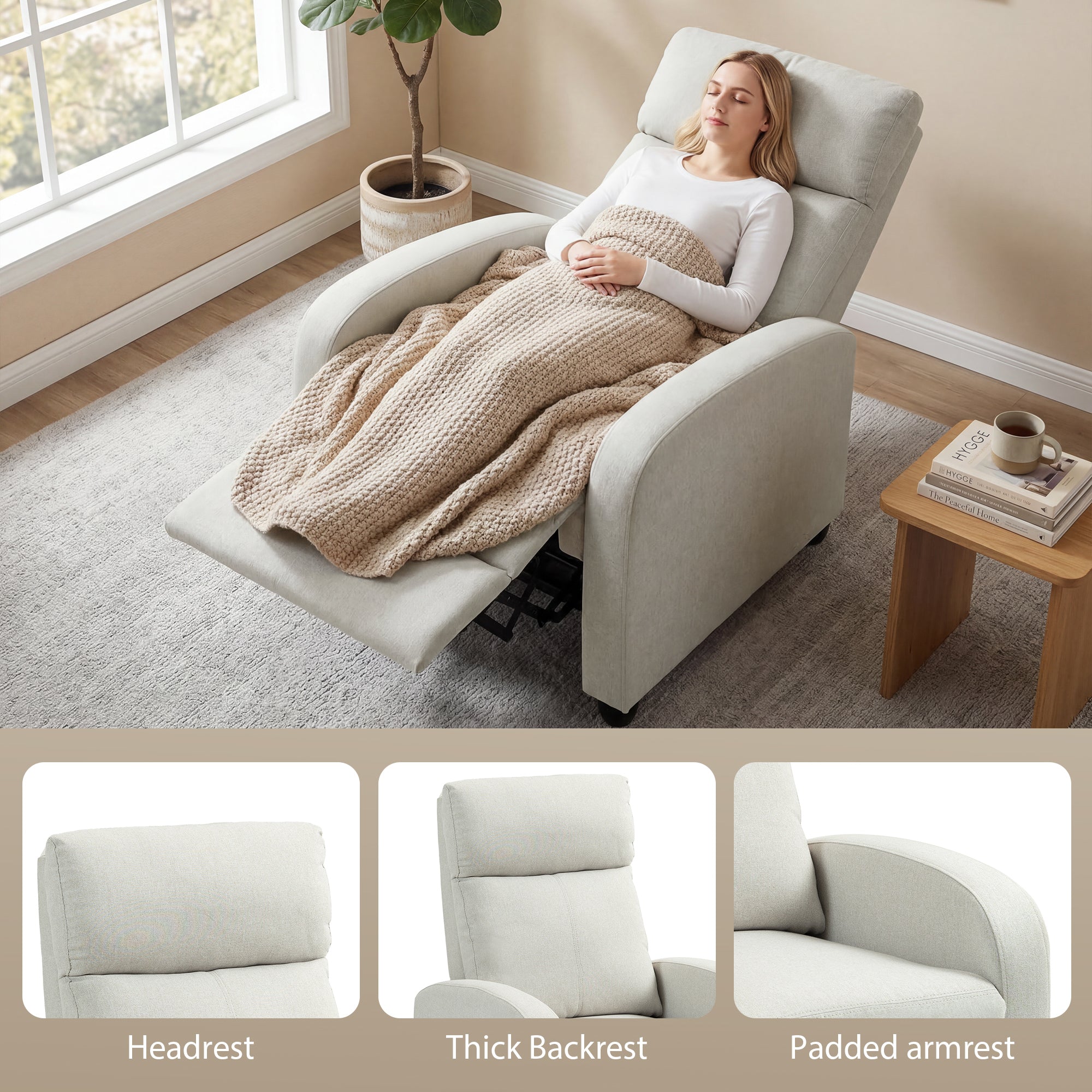 Fabric Recliner Chair Manual Cream White-DECOROLALA
